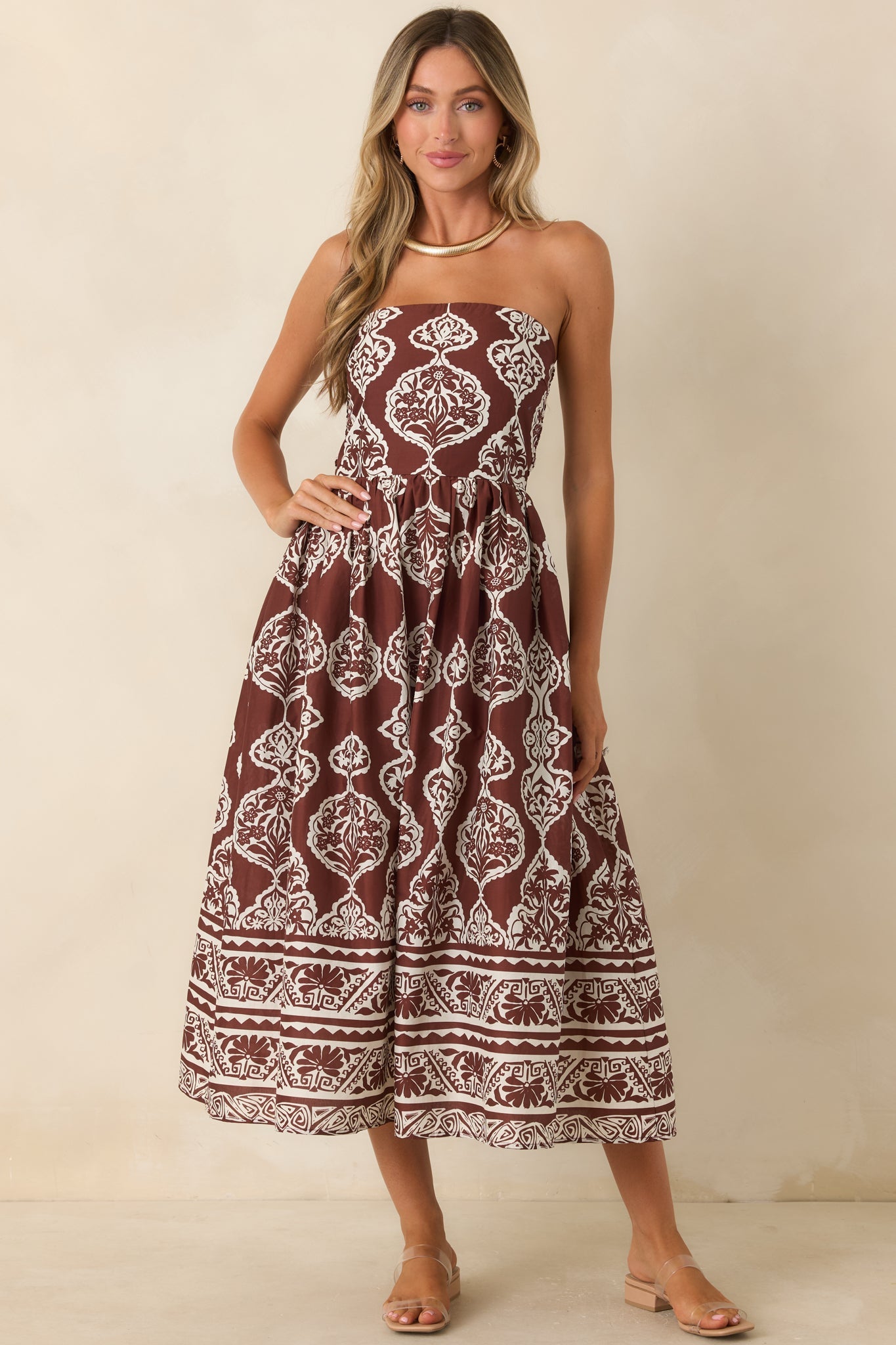 Painted Passage Chocolate & Ivory Cotton Strapless Midi Dress