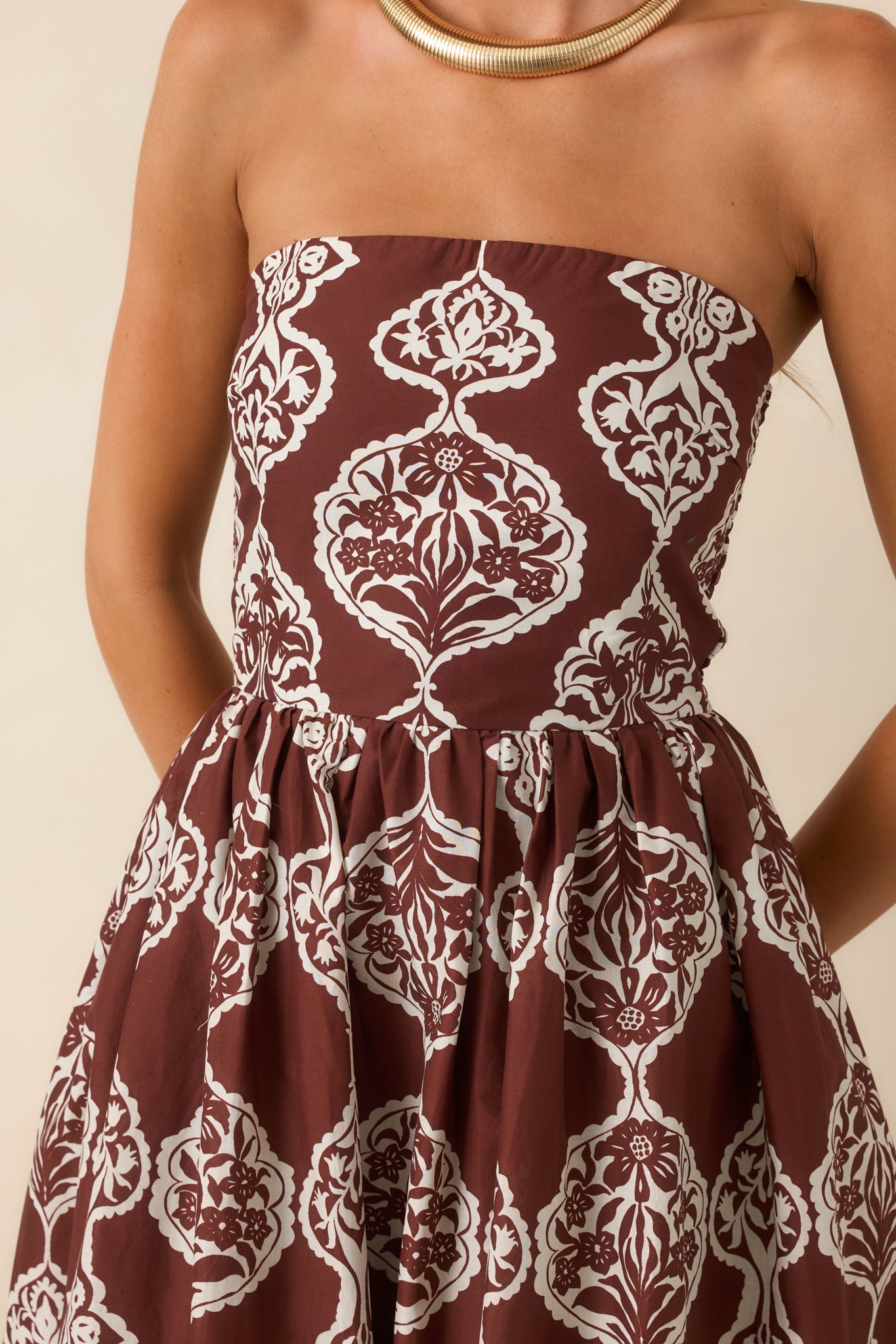 Painted Passage Chocolate & Ivory Cotton Strapless Midi Dress