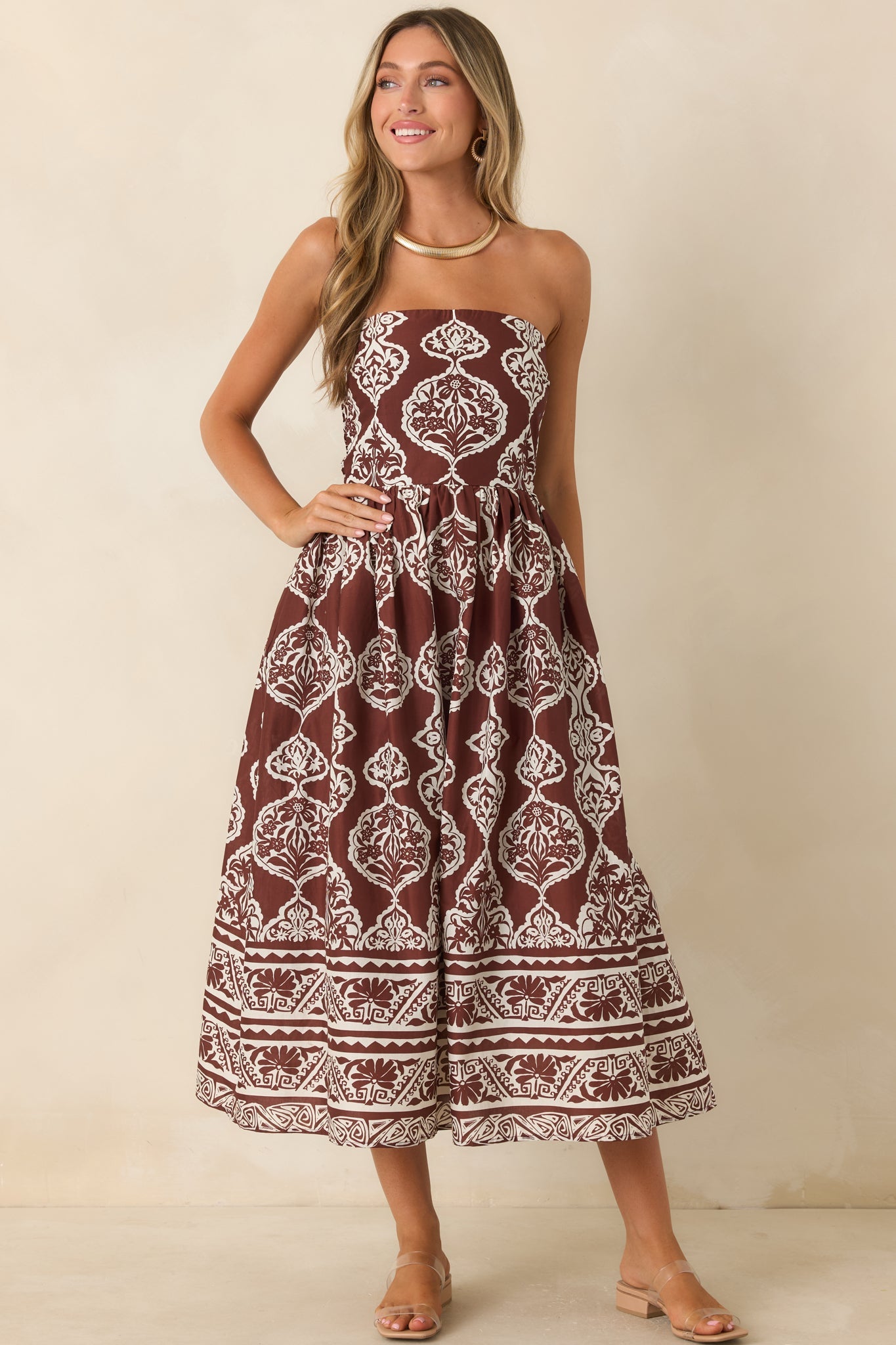 Painted Passage Chocolate & Ivory Cotton Strapless Midi Dress