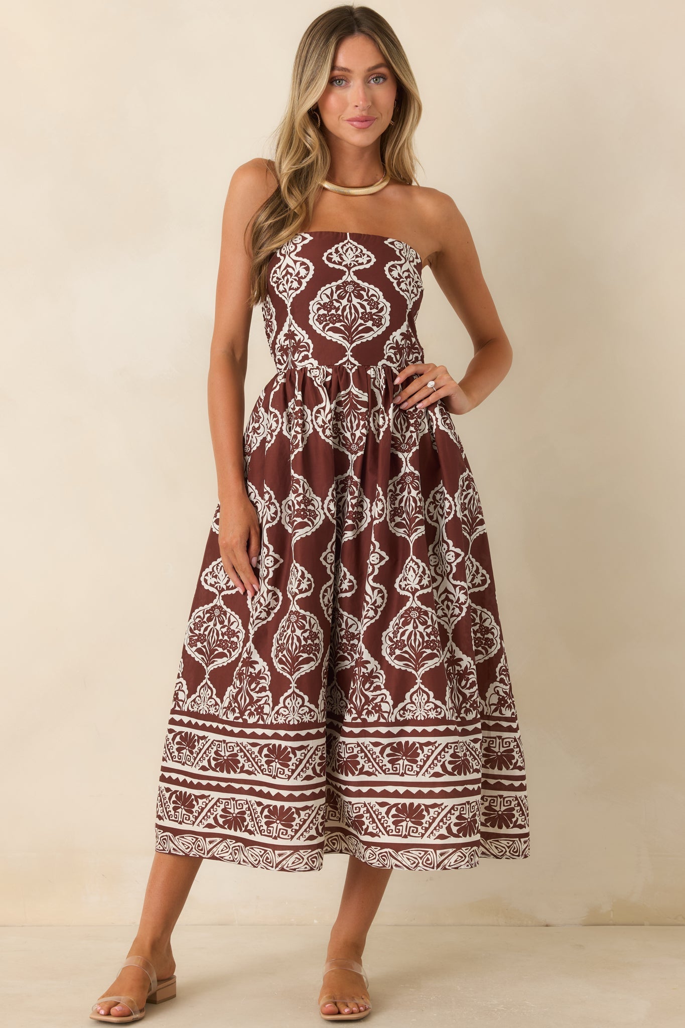 Painted Passage Chocolate & Ivory Cotton Strapless Midi Dress