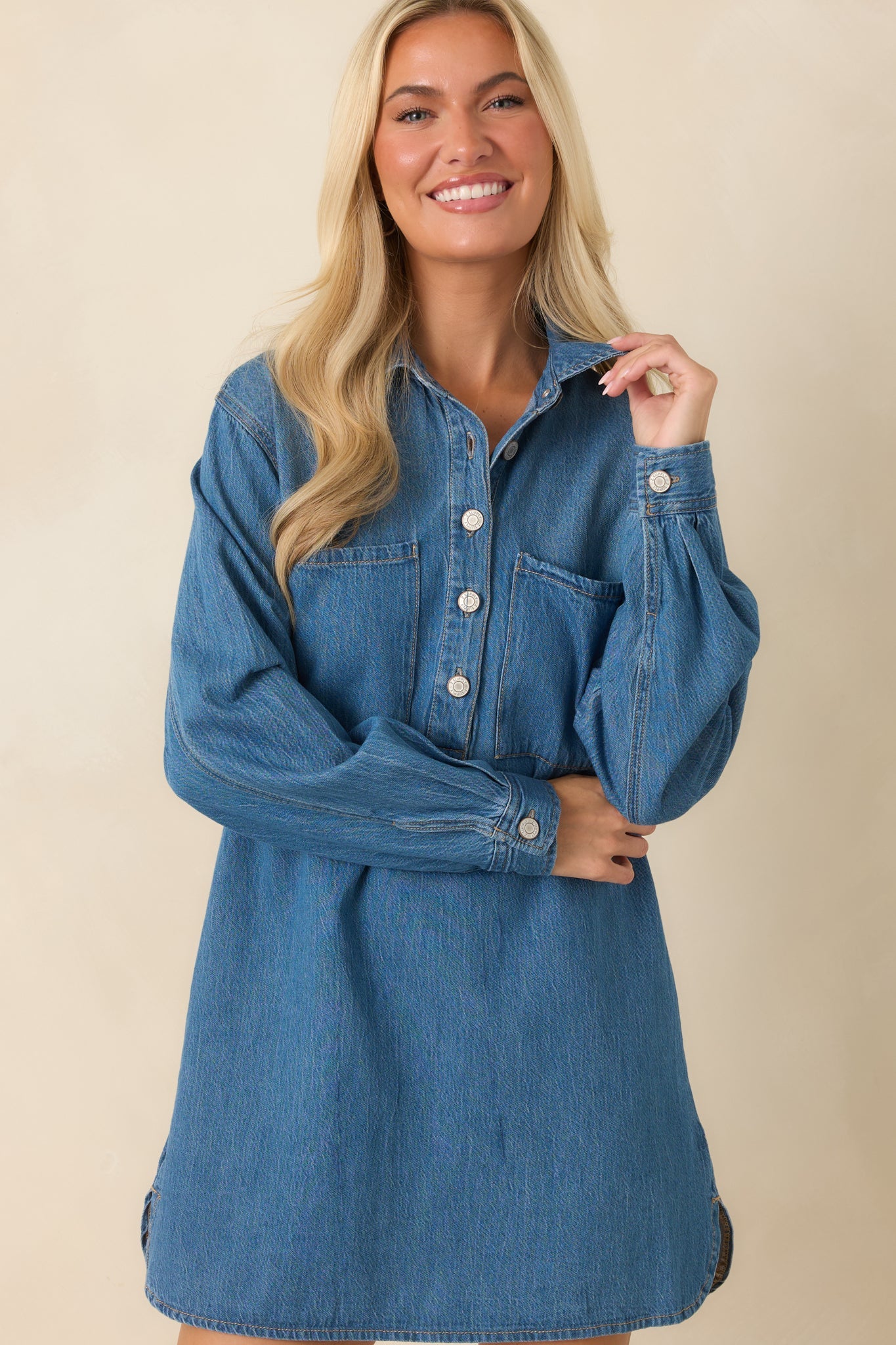 Z Supply Lucie Medium Wash Cotton Denim Mini Shirt Dress