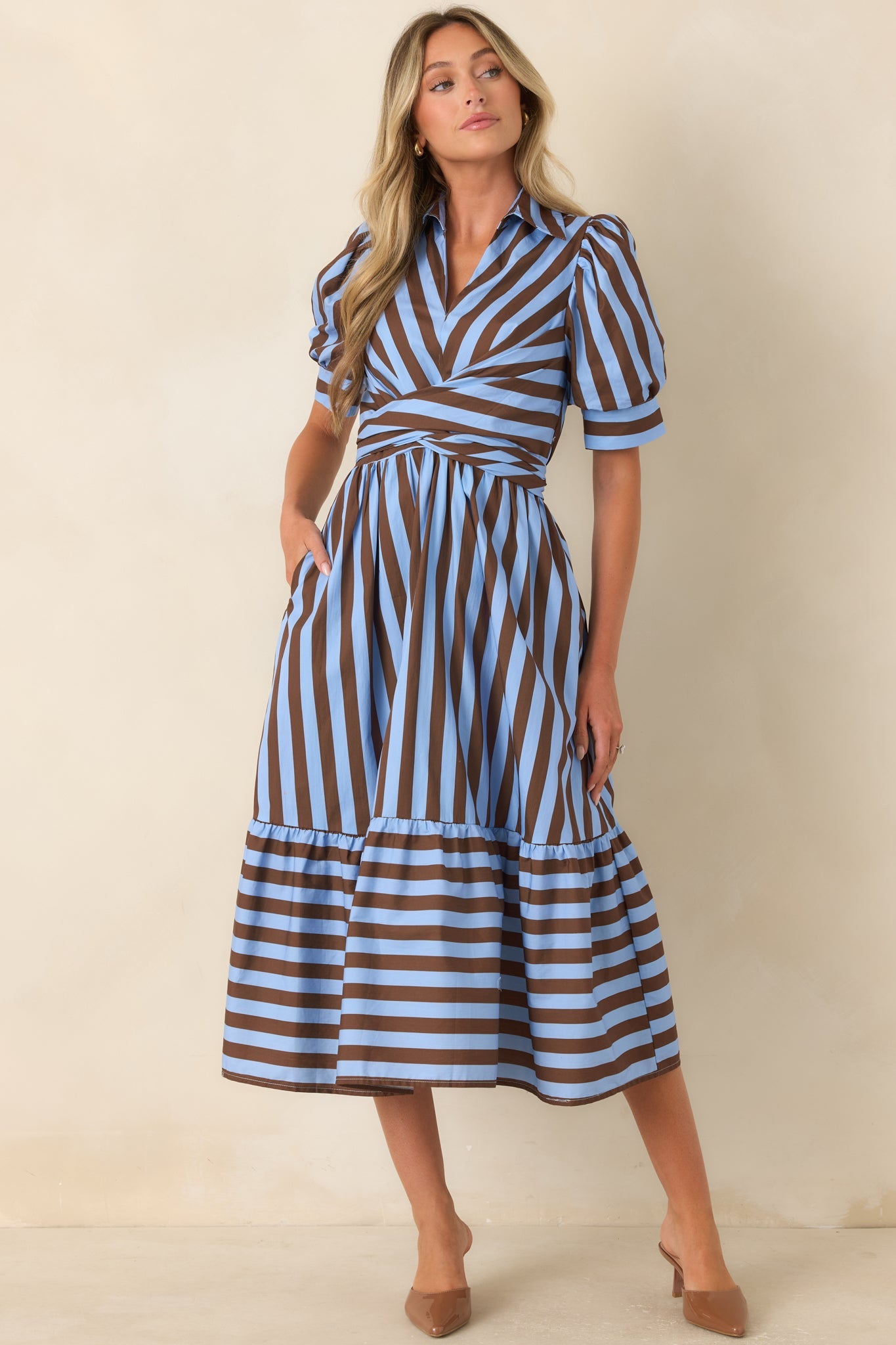 From Another Angle Light Blue & Brown Stripe Cotton Midi Dress