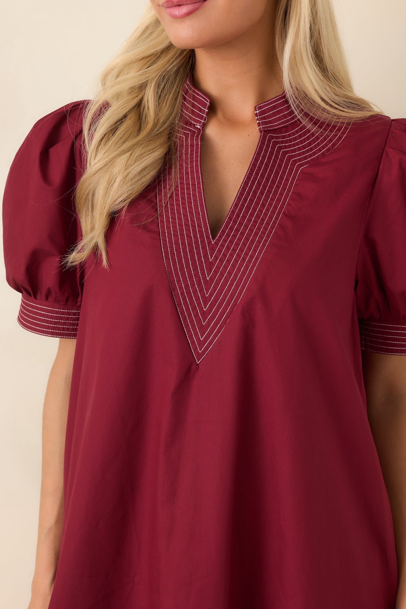 She Makes a Strong Point Burgundy Contrast Stitch Cotton Midi Dress