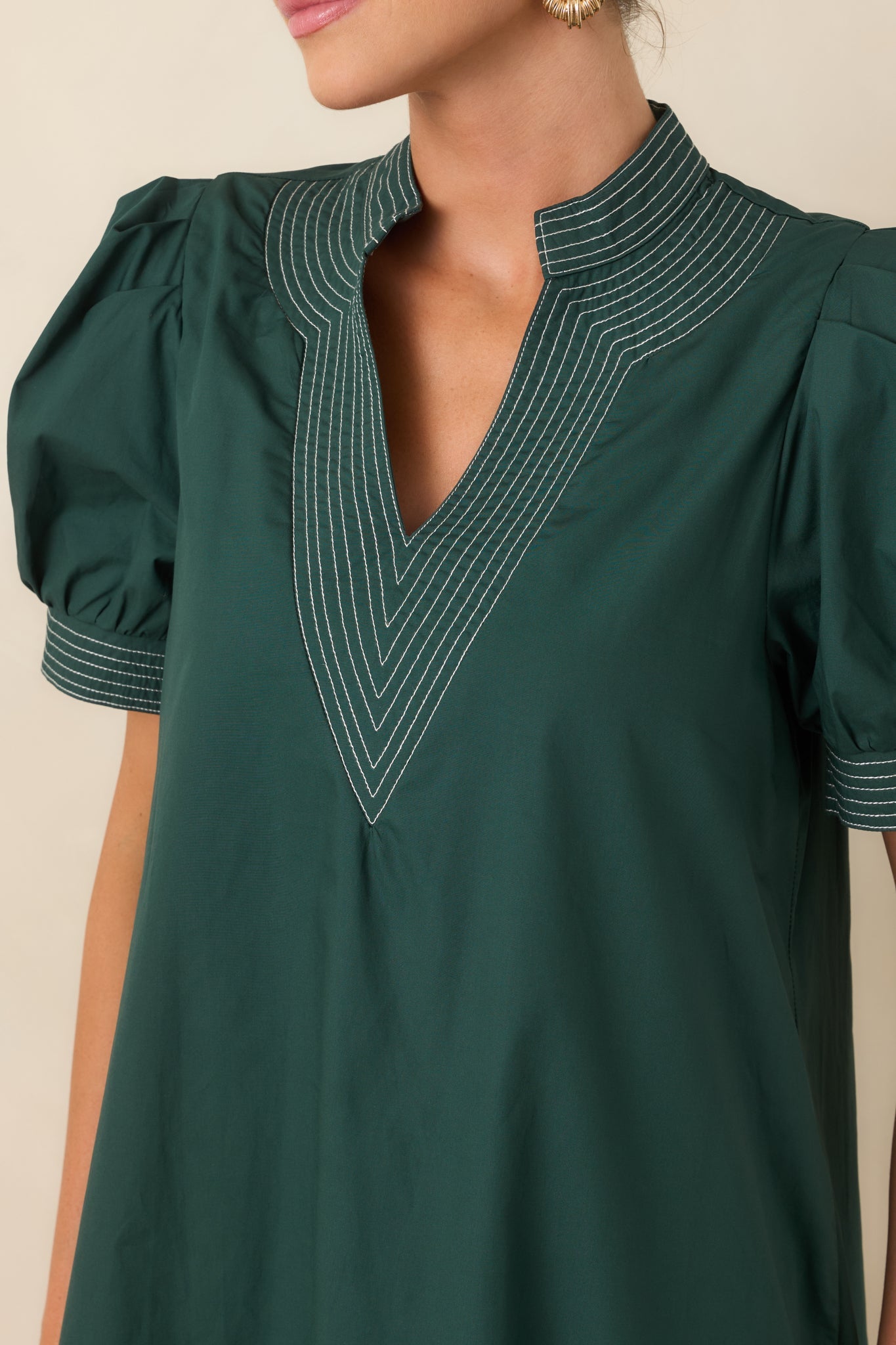 She Makes a Strong Point Hunter Green Contrast Stitch Cotton Midi Dress