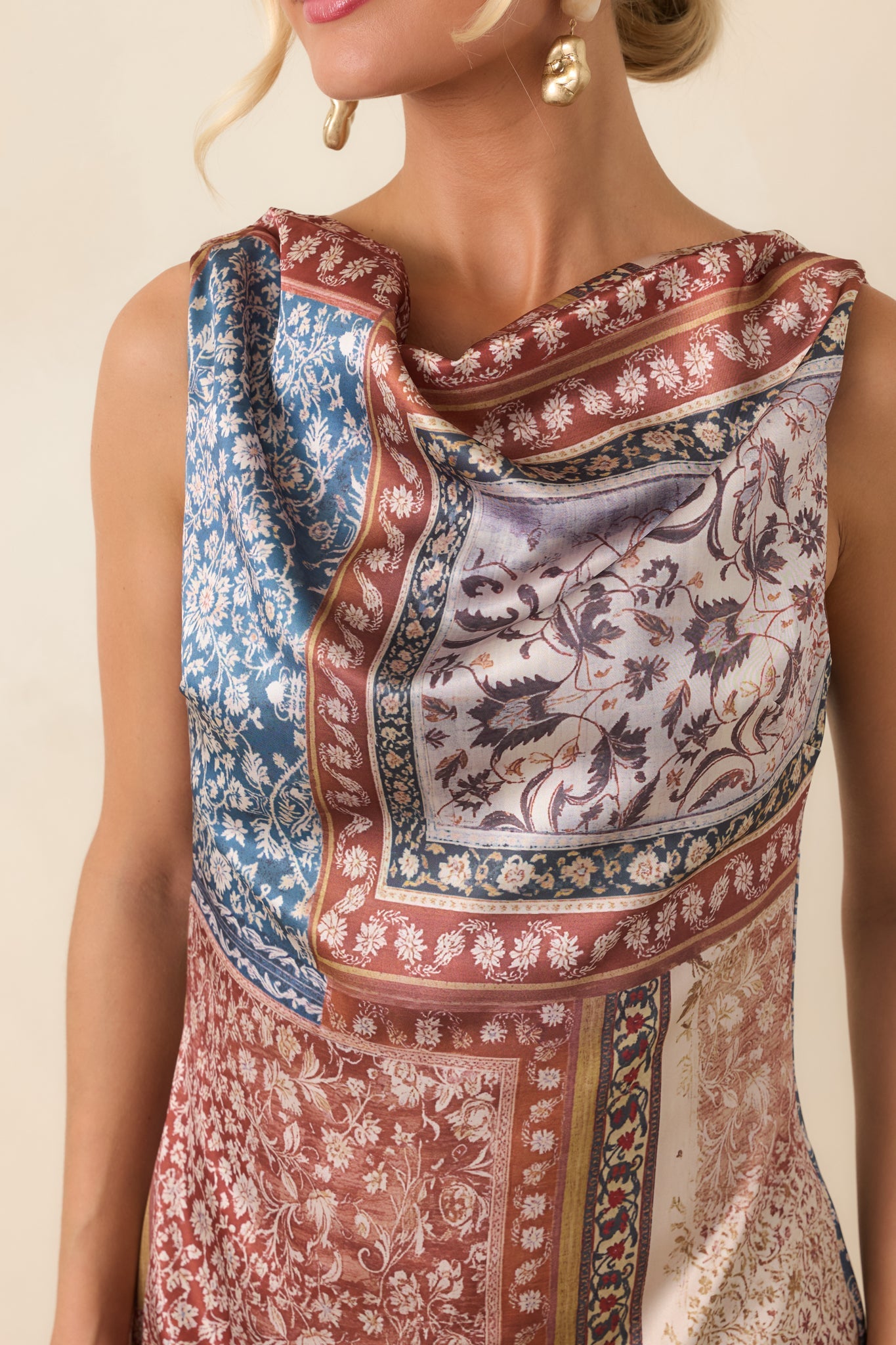 Looking Like a Yes Rust & Blue Scarf Print Cowl Neck Mini Dress