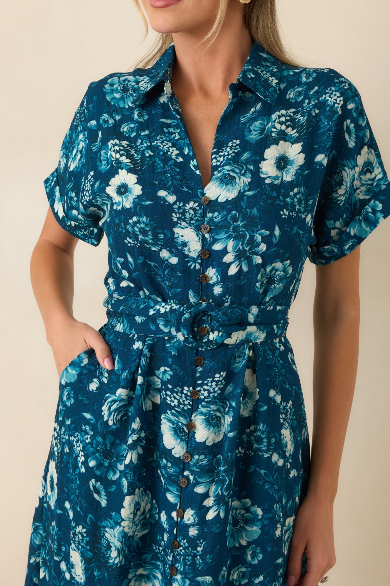 You’ll See Soon Dark Teal Multi Floral Print Belted Midi Shirt Dress