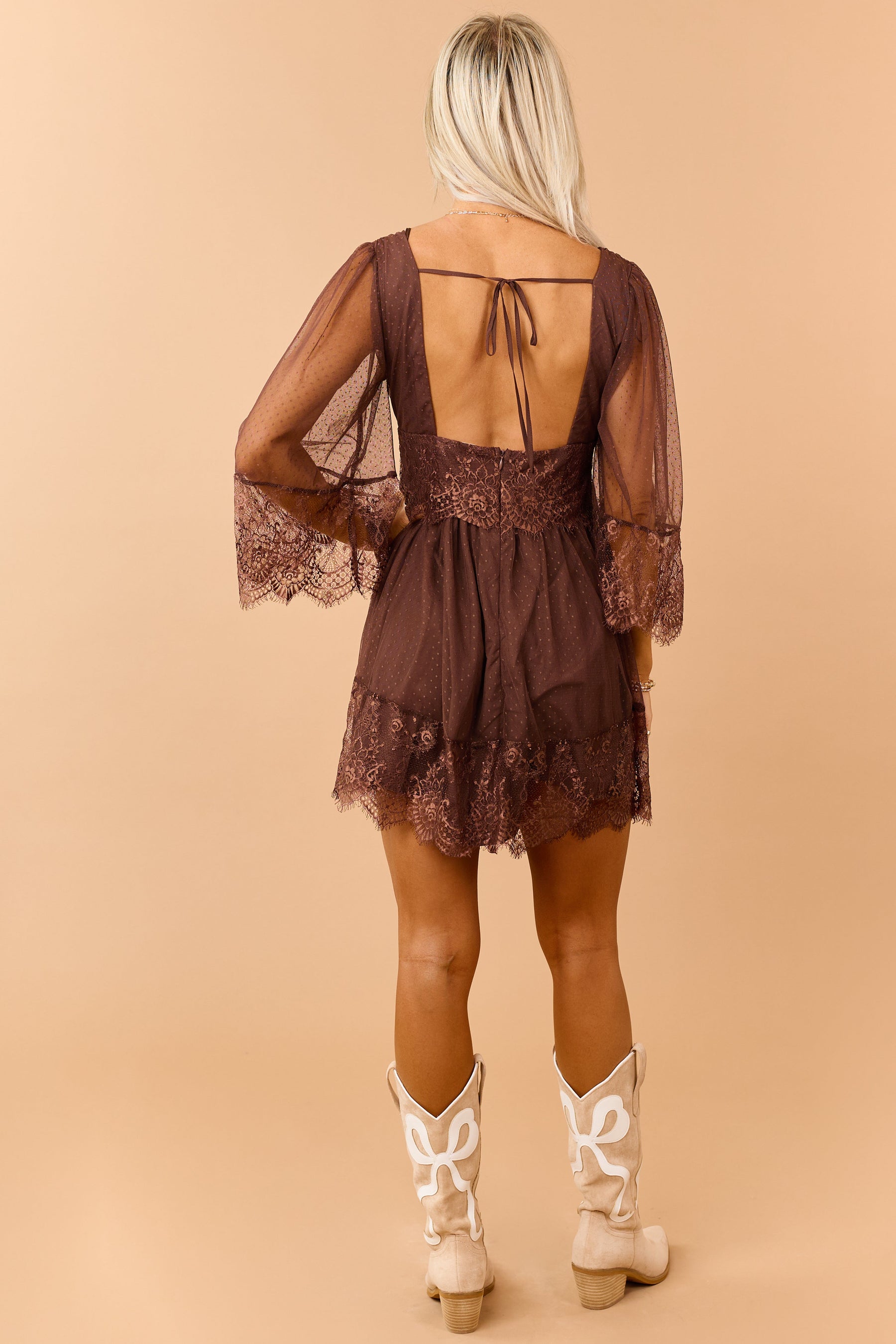 PRE-ORDER Cocoa Dotted Mesh Lace Trim Deep V Mini Dress SHIP ETA 8/31