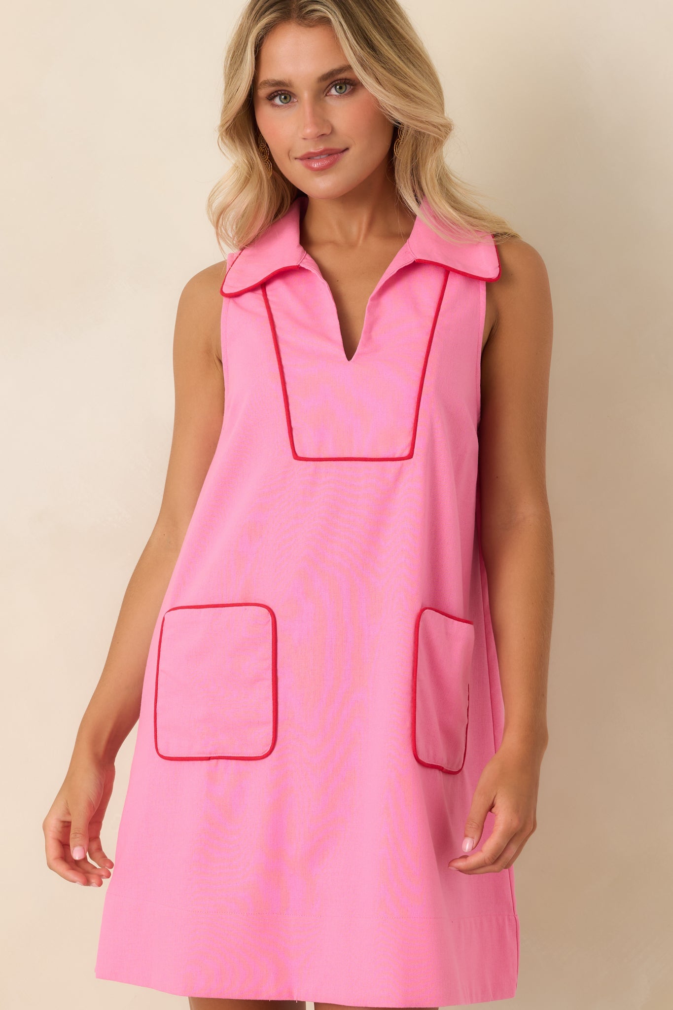 Afternoon Match Pink Linen Blend Sleeveless Mini Dress