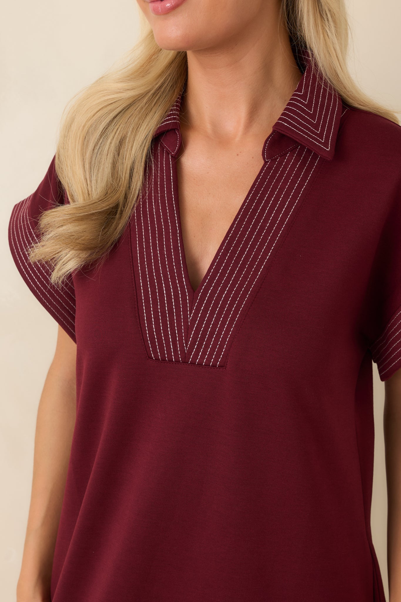 One Less Thing Wine V-Neck Contrast Pinstripe Maxi Dress