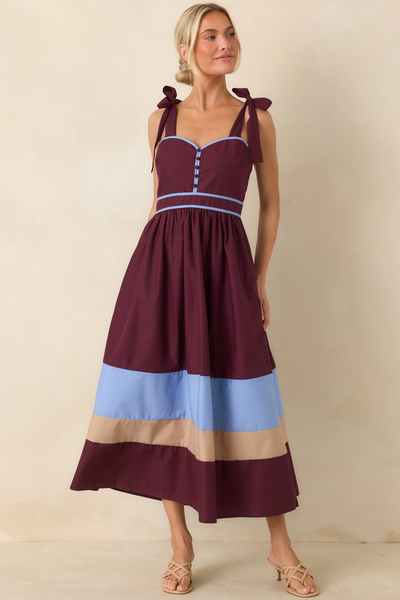 Worth the Detour Berry & Powder Blue Contrast Midi Dress