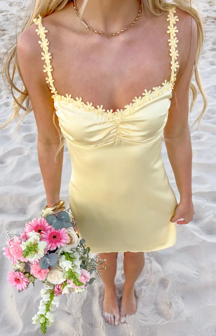 Connie Yellow Flower Detail Satin Party Mini Dress