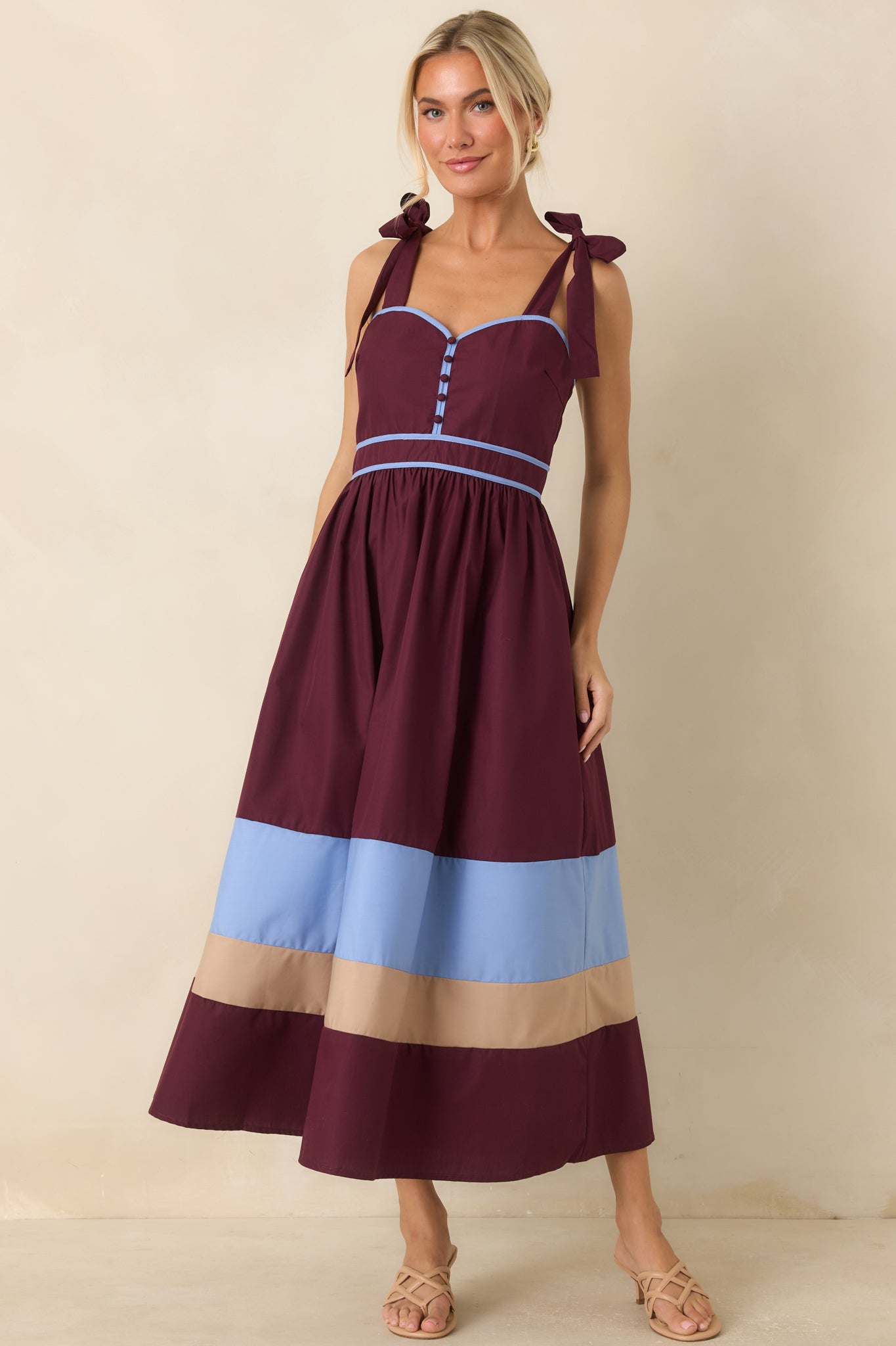Worth the Detour Berry & Powder Blue Contrast Midi Dress