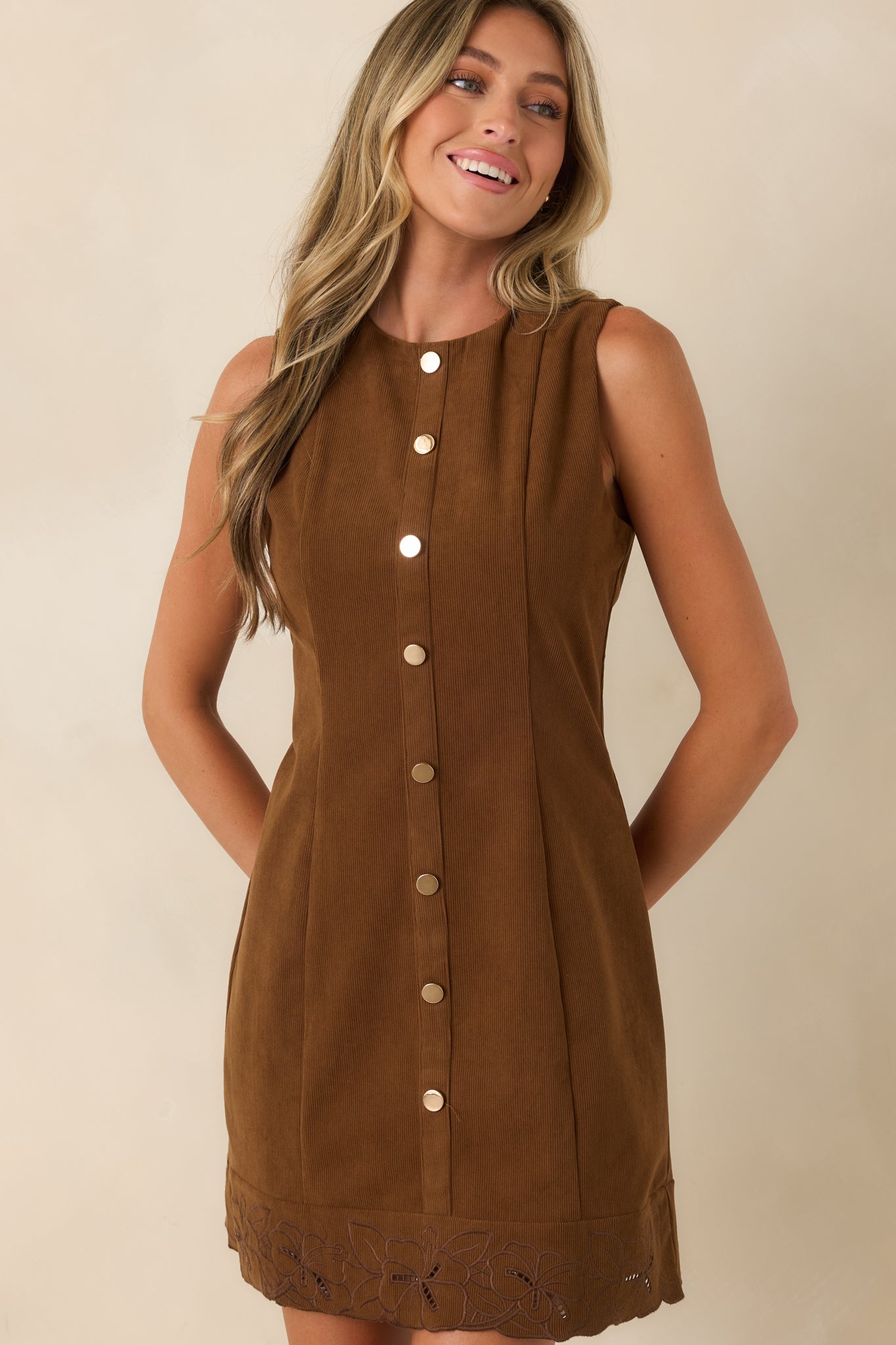 In Fine Detail Brown Corduroy Embroidered Mini Dress