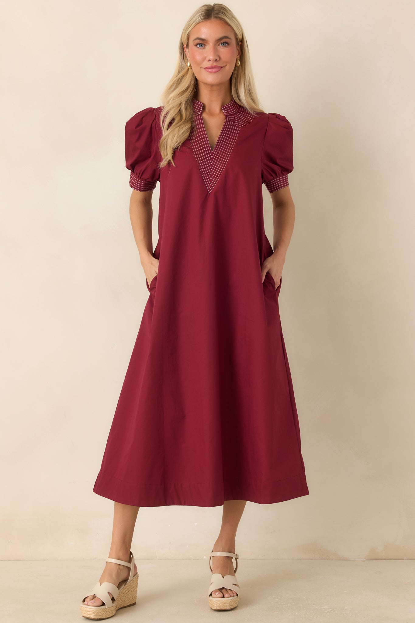 She Makes a Strong Point Burgundy Contrast Stitch Cotton Midi Dress