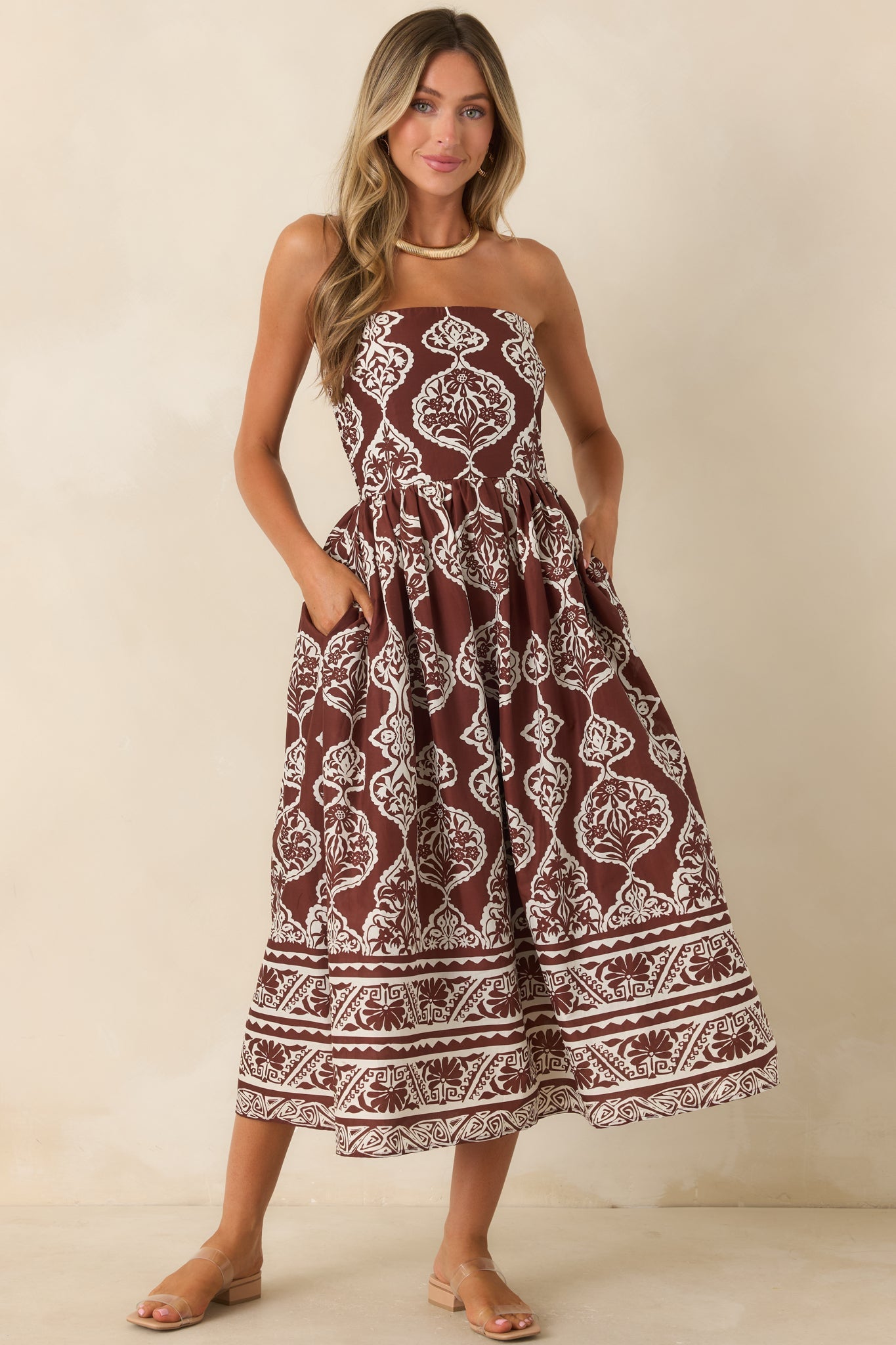 Painted Passage Chocolate & Ivory Cotton Strapless Midi Dress