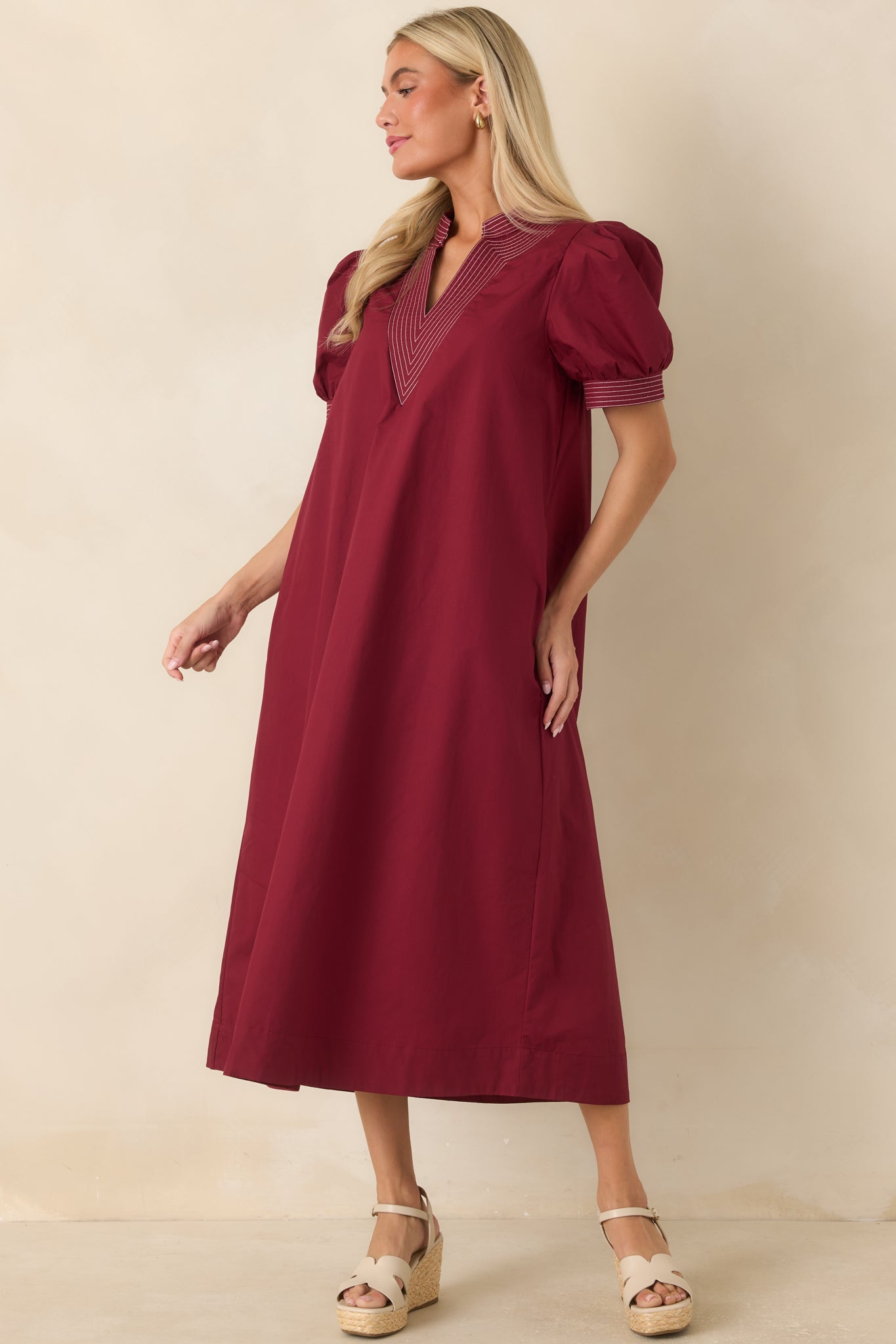 She Makes a Strong Point Burgundy Contrast Stitch Cotton Midi Dress