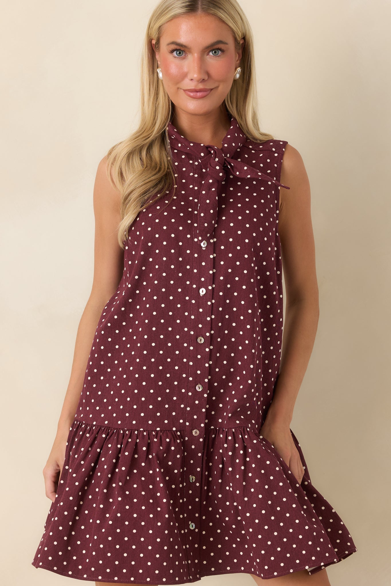 Hard to Overlook Burgundy Polka Dot Cotton Tie-Neck Mini Dress