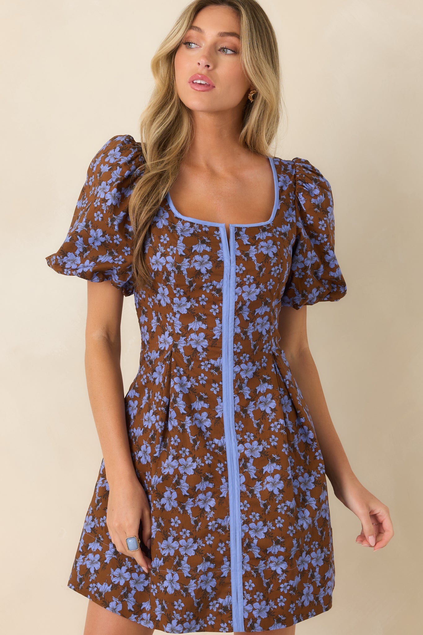 The Prettiest View Brown & Blue Floral Cotton Mini Dress