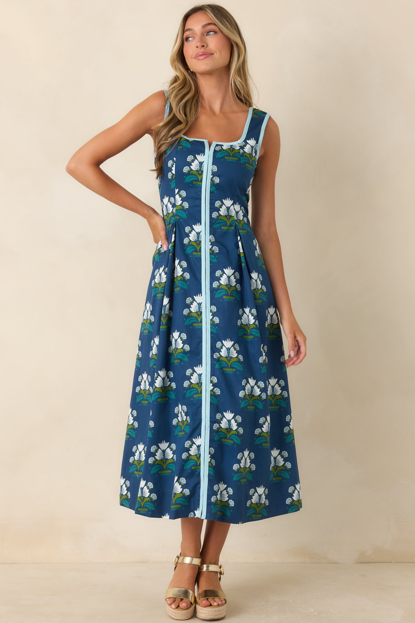 What I Had in Mind Deep Blue Floral Cotton Midi Dress
