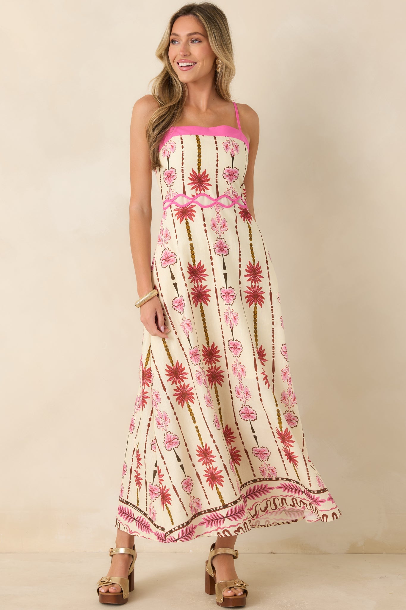 Palms & Prosecco Pink Floral Cotton Linen Maxi Dress