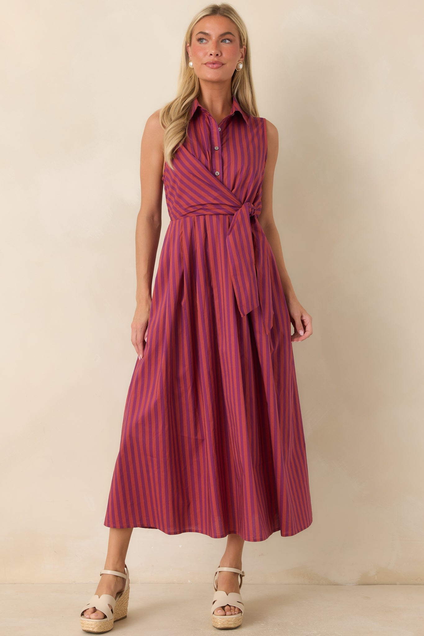 Taking Shape Plum & Burgundy Striped Tie Front Cotton Midi Dress