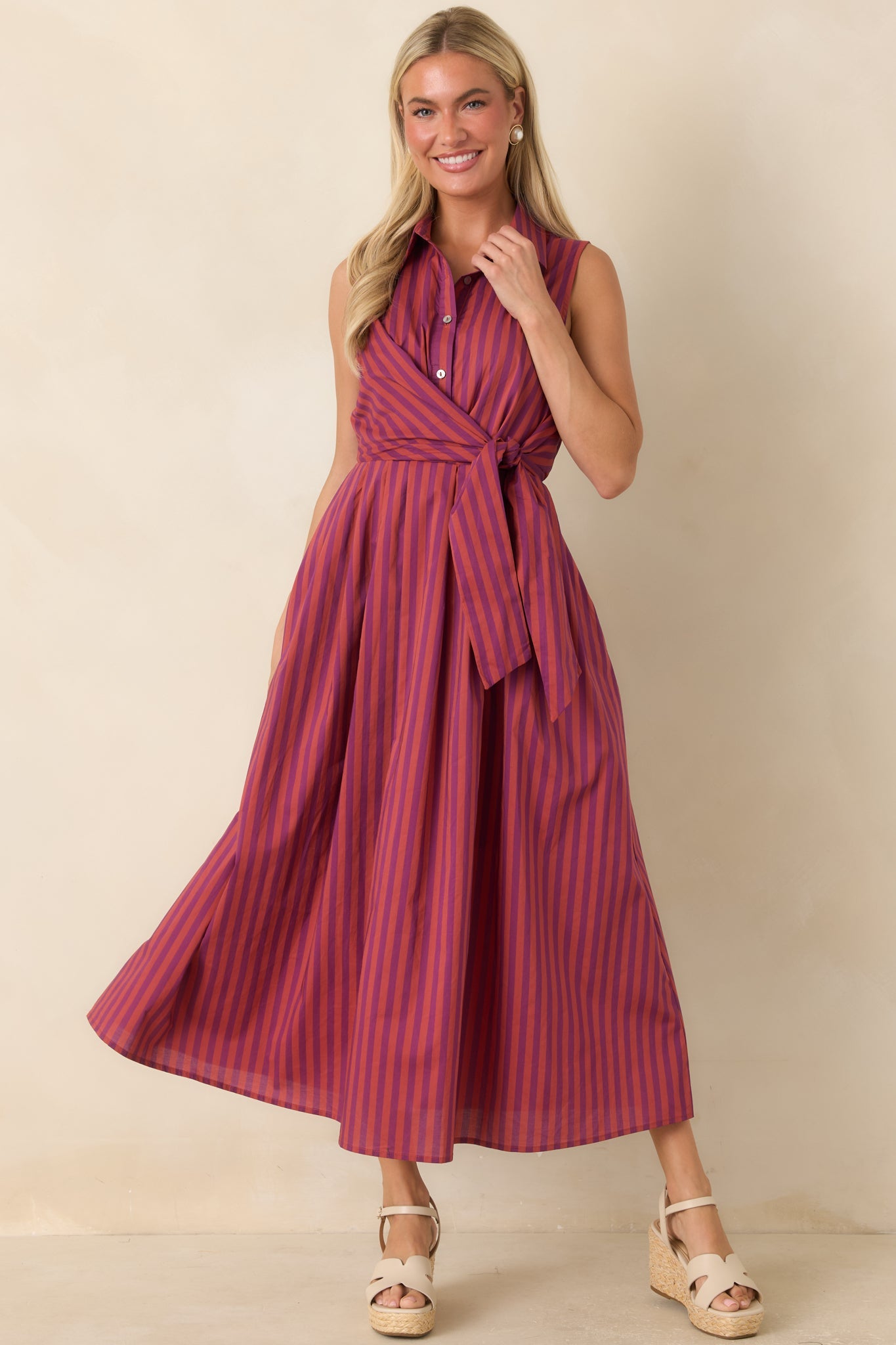 Taking Shape Plum & Burgundy Striped Tie Front Cotton Midi Dress