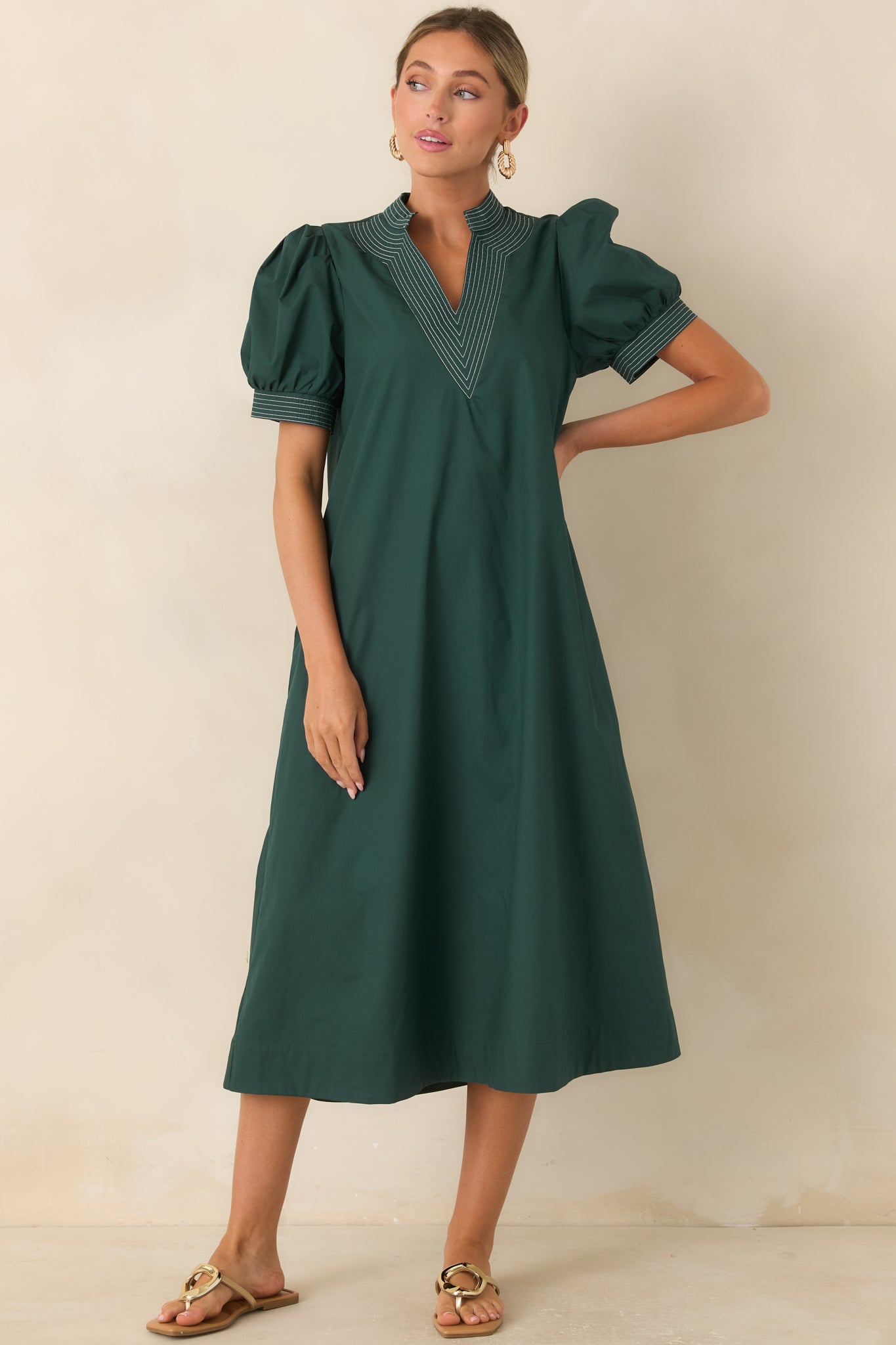 She Makes a Strong Point Hunter Green Contrast Stitch Cotton Midi Dress