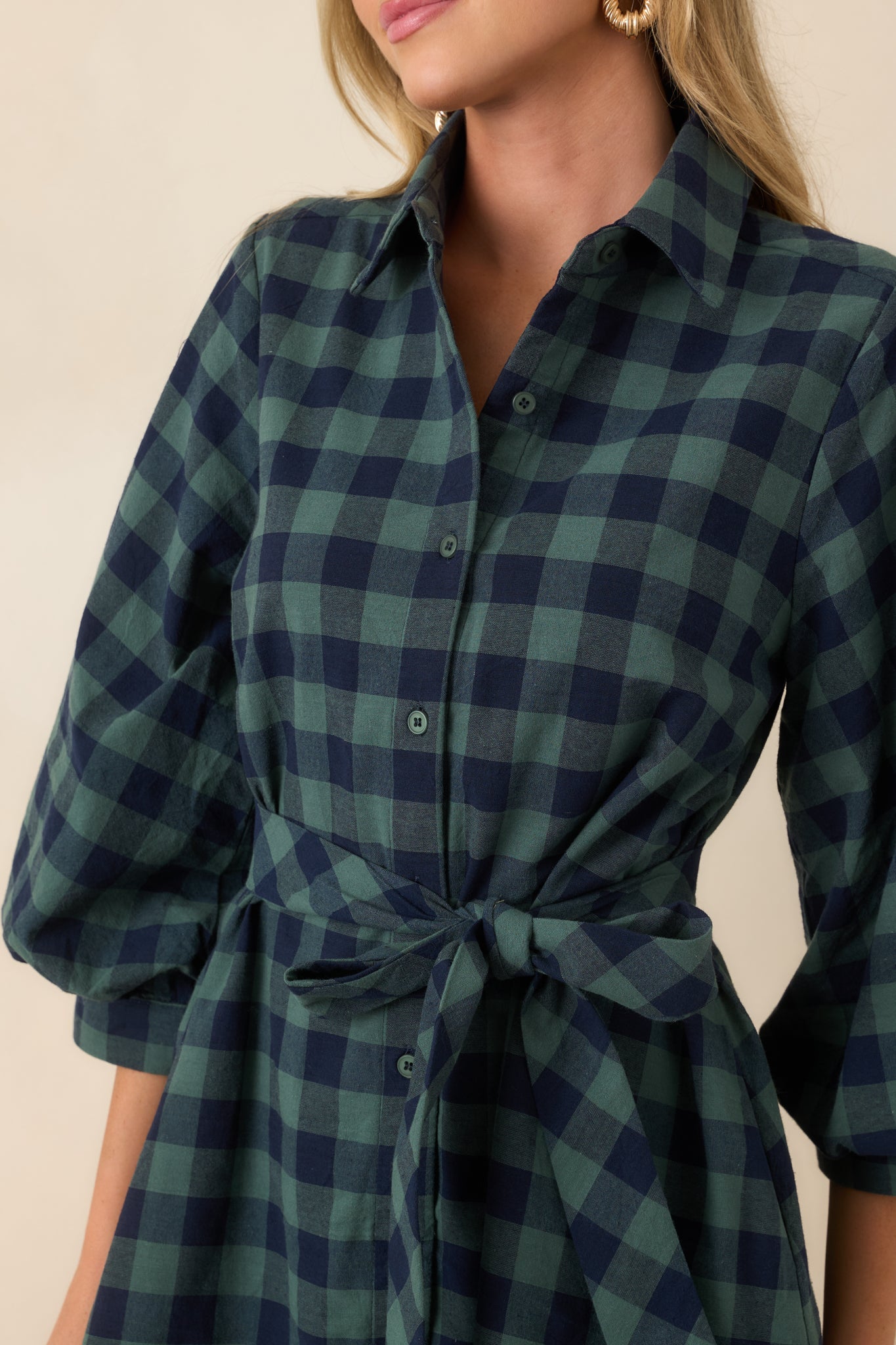 Worth Considering Navy & Jade Cotton Plaid Mini Shirt Dress