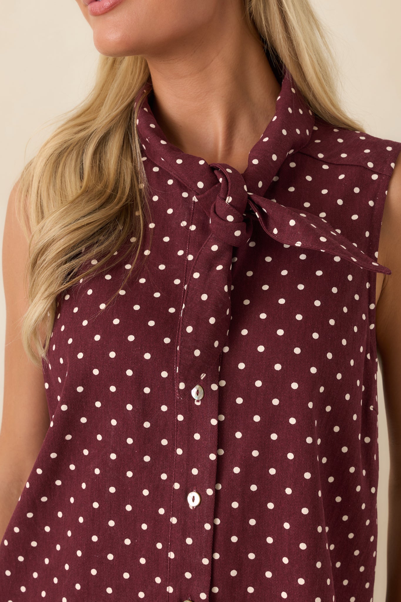 Hard to Overlook Burgundy Polka Dot Cotton Tie-Neck Mini Dress