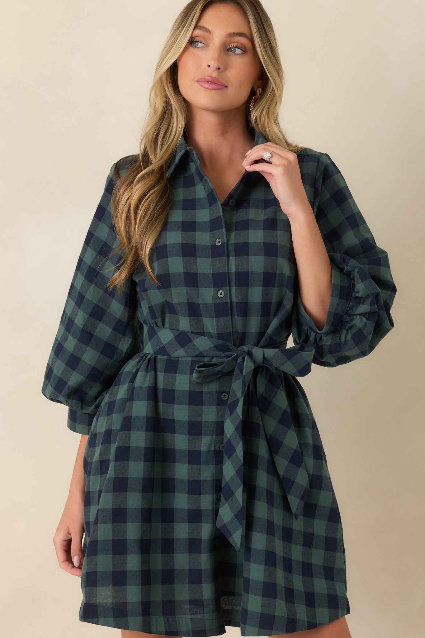 Worth Considering Navy & Jade Cotton Plaid Mini Shirt Dress