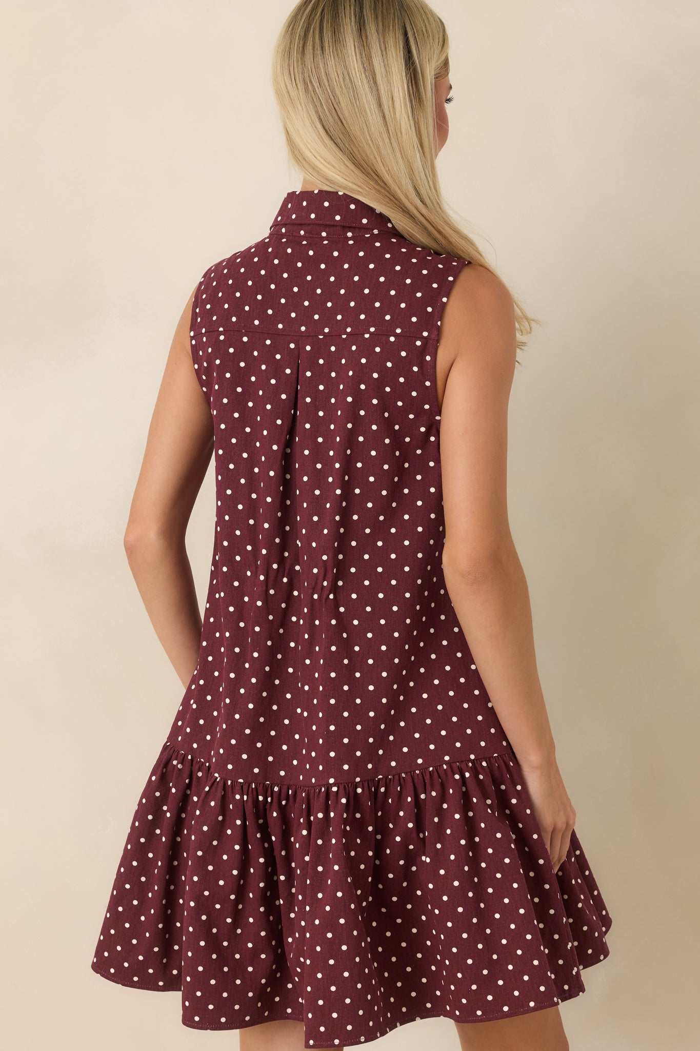 Hard to Overlook Burgundy Polka Dot Cotton Tie-Neck Mini Dress