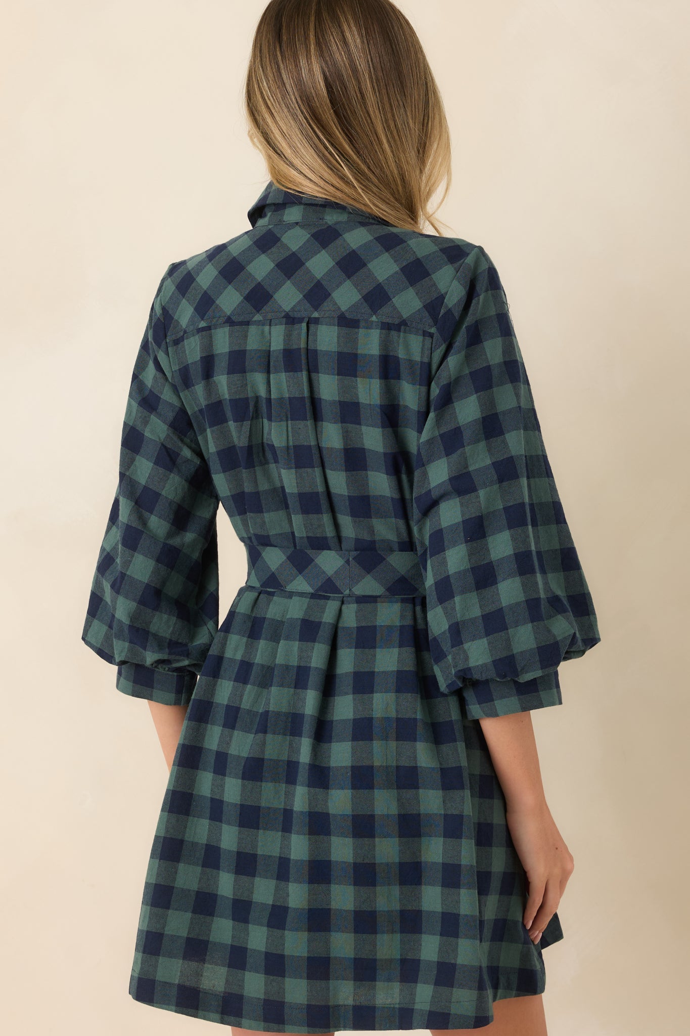 Worth Considering Navy & Jade Cotton Plaid Mini Shirt Dress