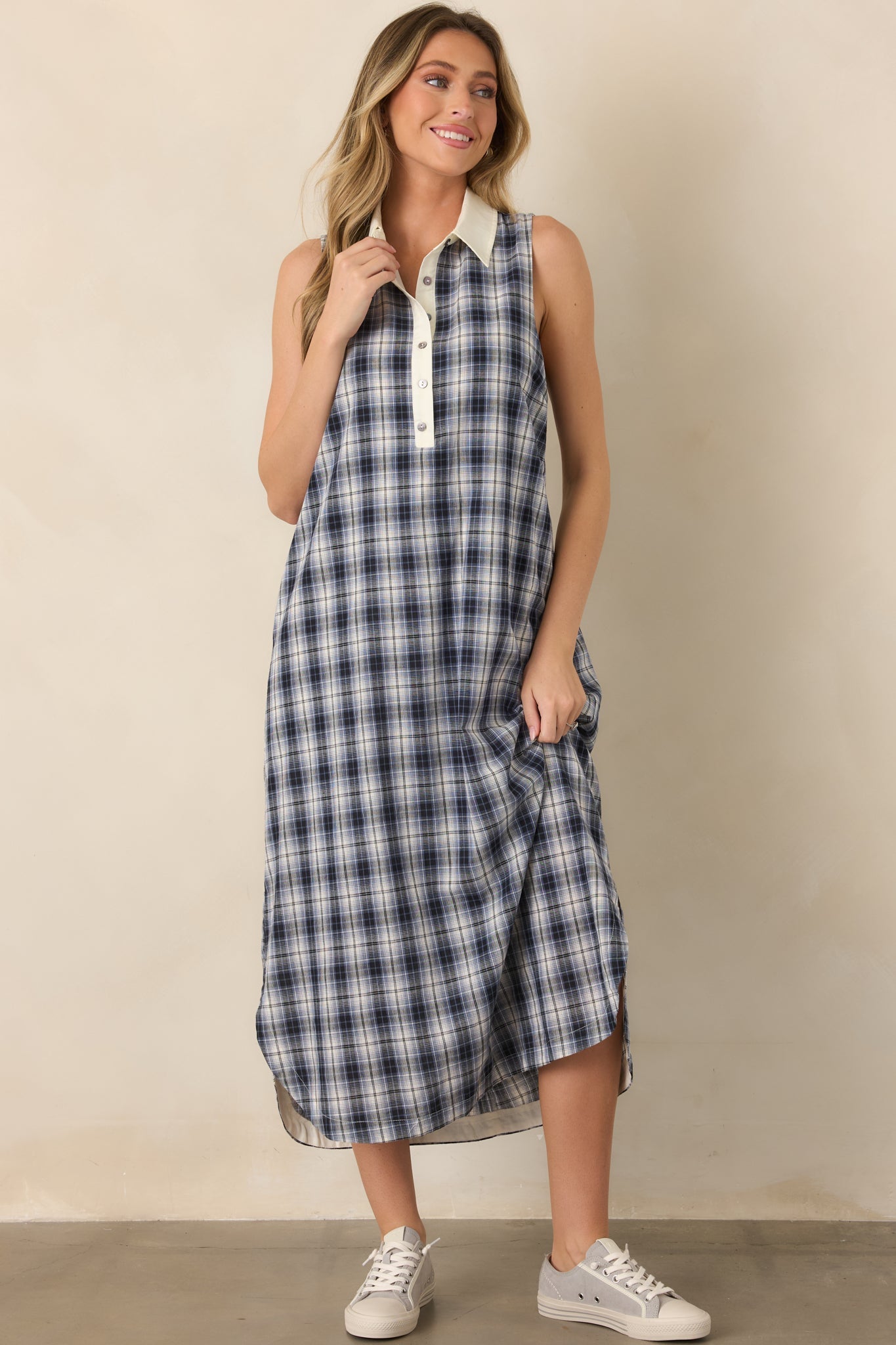 Small Town Story Navy Plaid Cotton Midi Dress