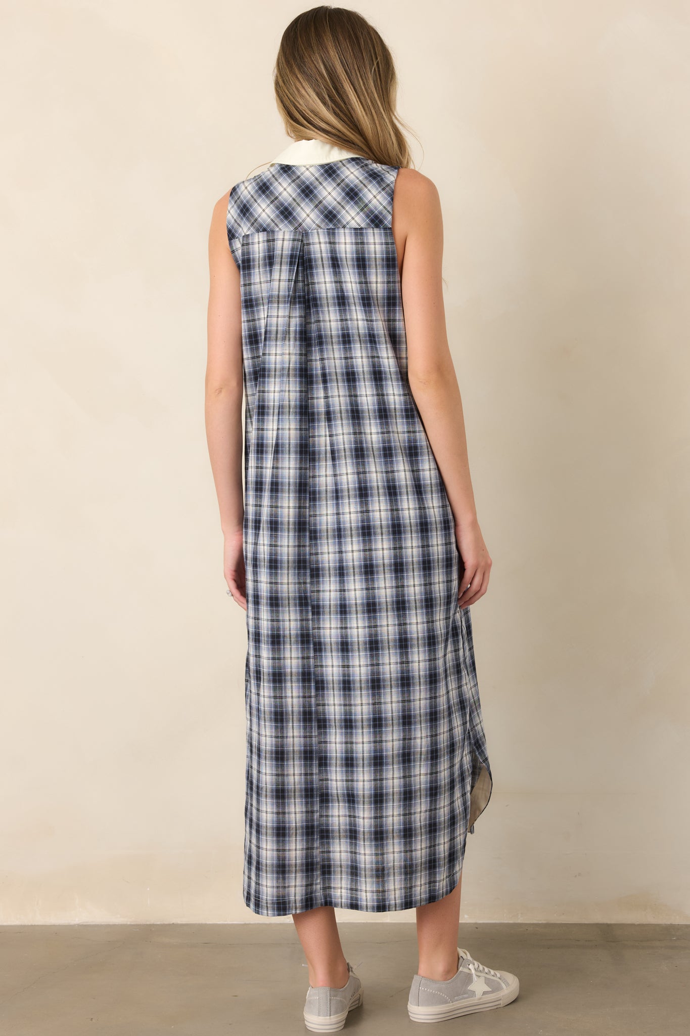 Small Town Story Navy Plaid Cotton Midi Dress