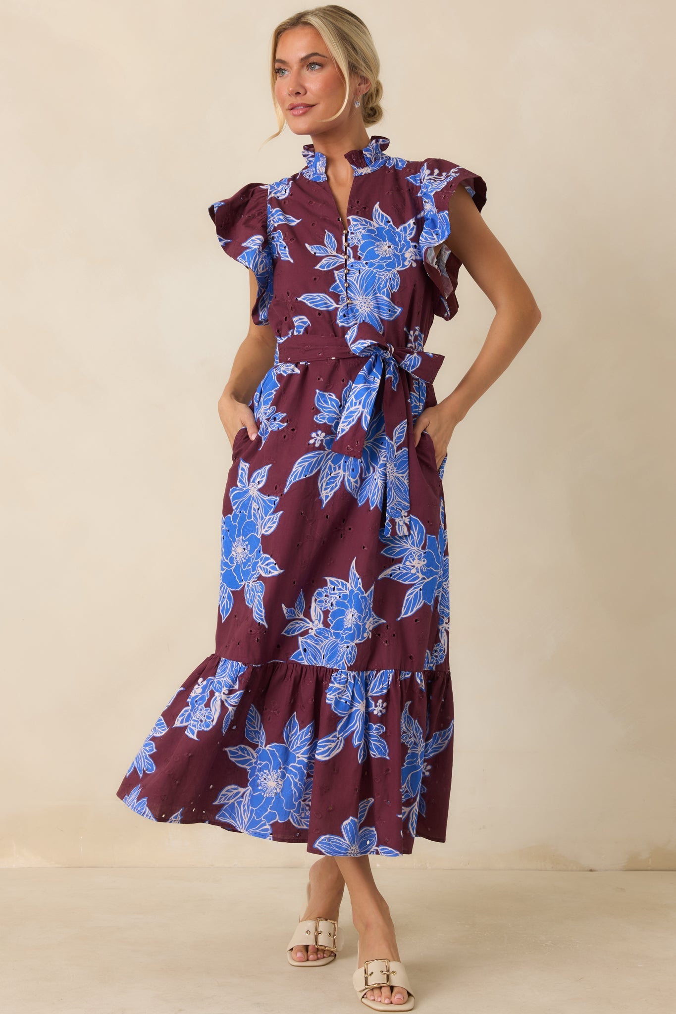 Fresh Air Affair Wine & Cobalt Floral Cotton Eyelet Midi Dress