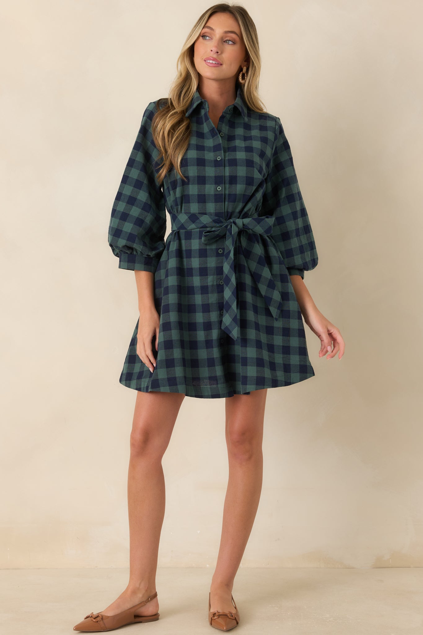 Worth Considering Navy & Jade Cotton Plaid Mini Shirt Dress