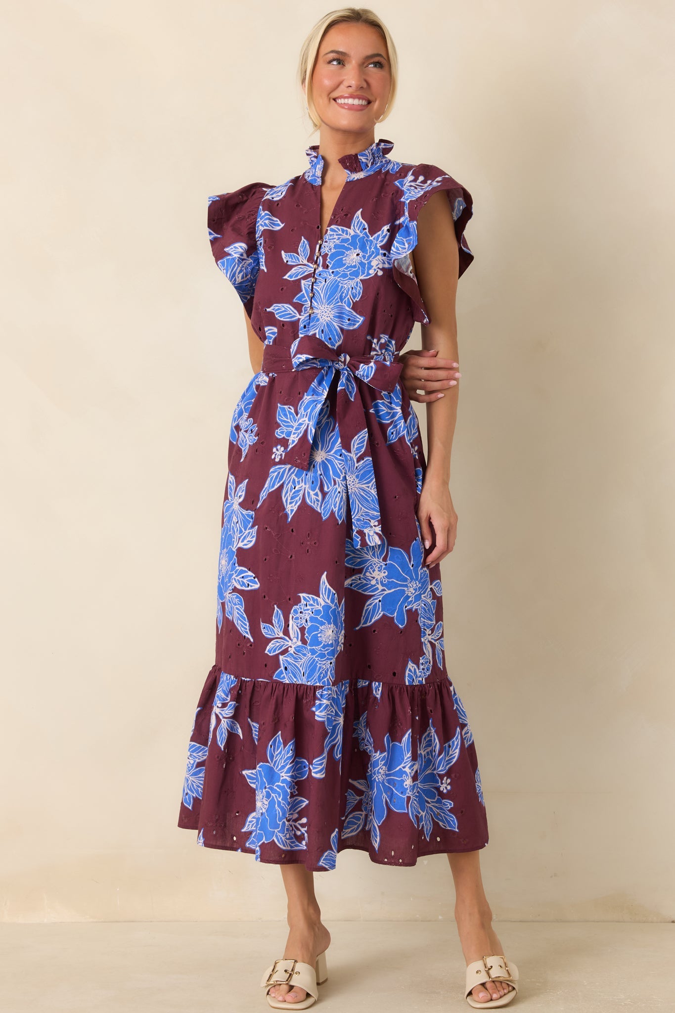 Fresh Air Affair Wine & Cobalt Floral Cotton Eyelet Midi Dress
