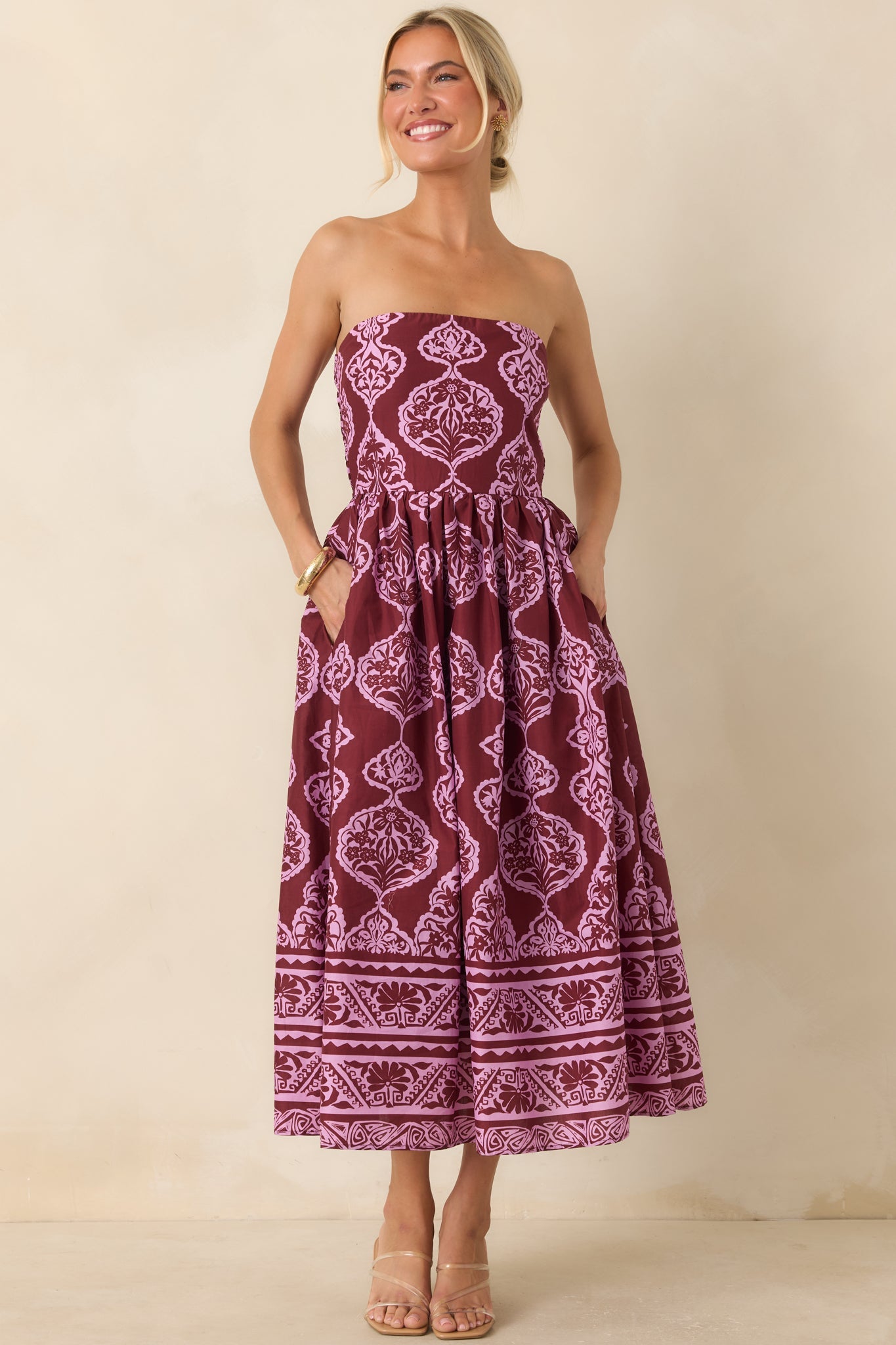 Painted Passage Wine & Orchid Pink Cotton Strapless Midi Dress