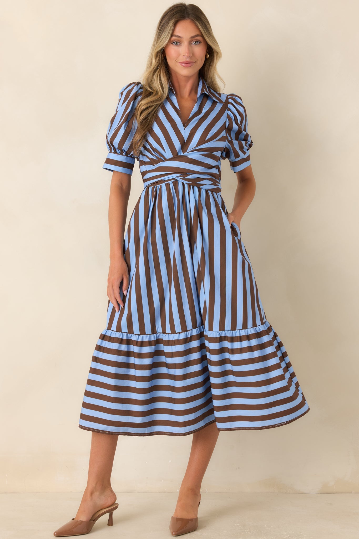 From Another Angle Light Blue & Brown Stripe Cotton Midi Dress
