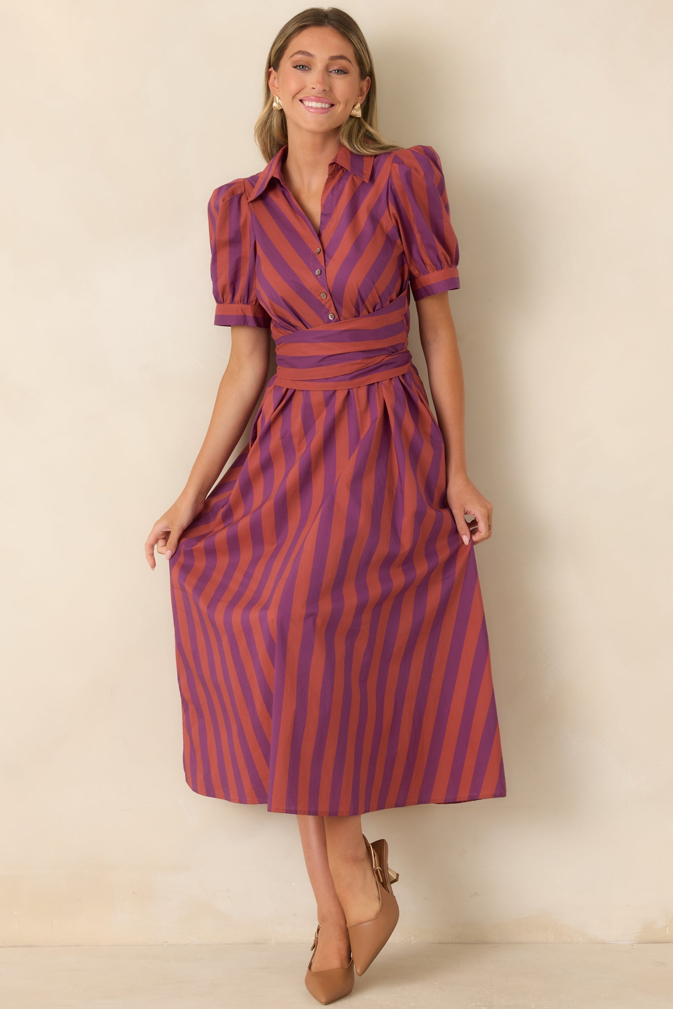 A Fresh Approach Plum & Burgundy Stripe Cotton Midi Shirt Dress
