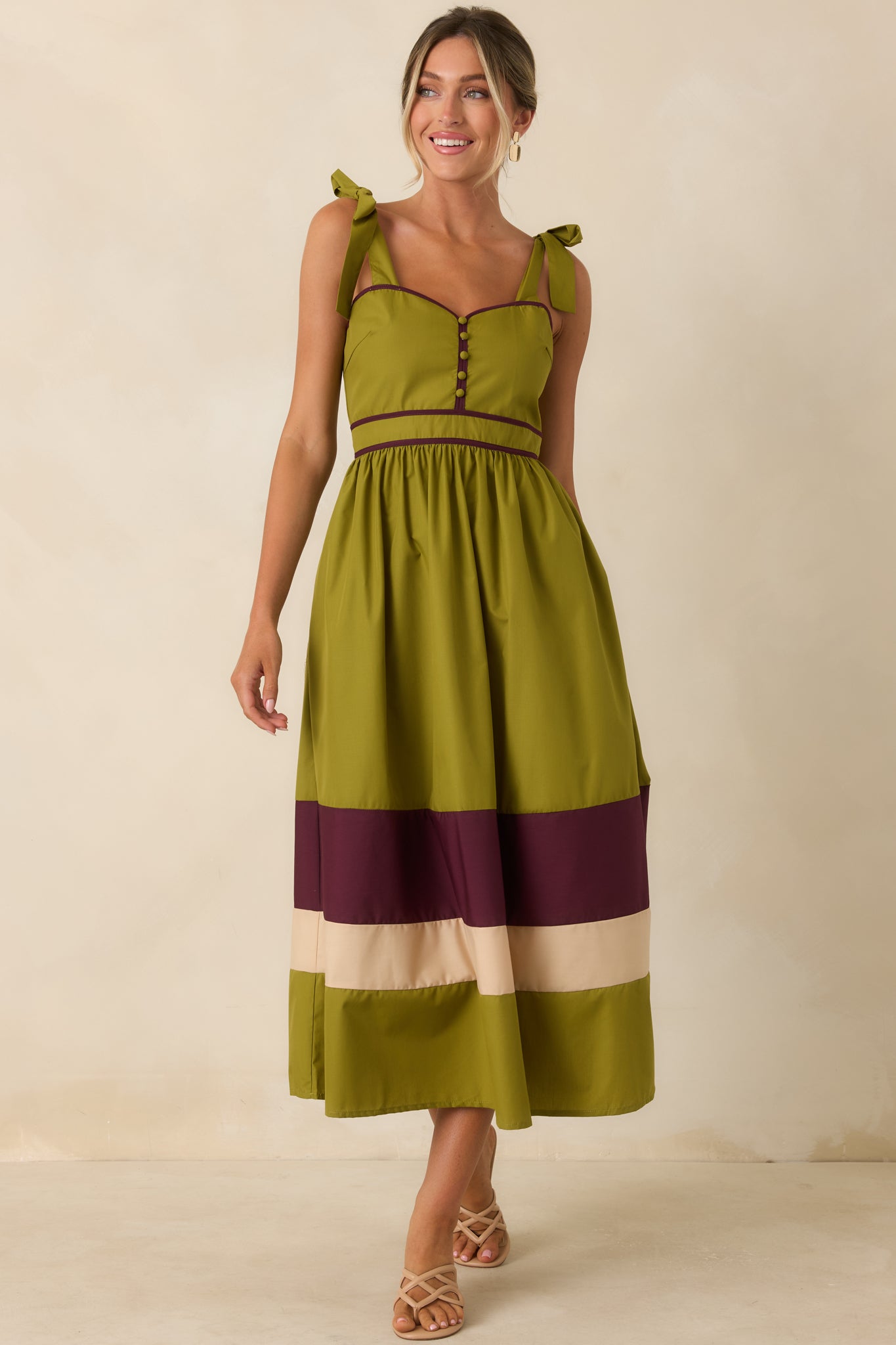 Worth the Detour Olive & Berry Contrast Midi Dress