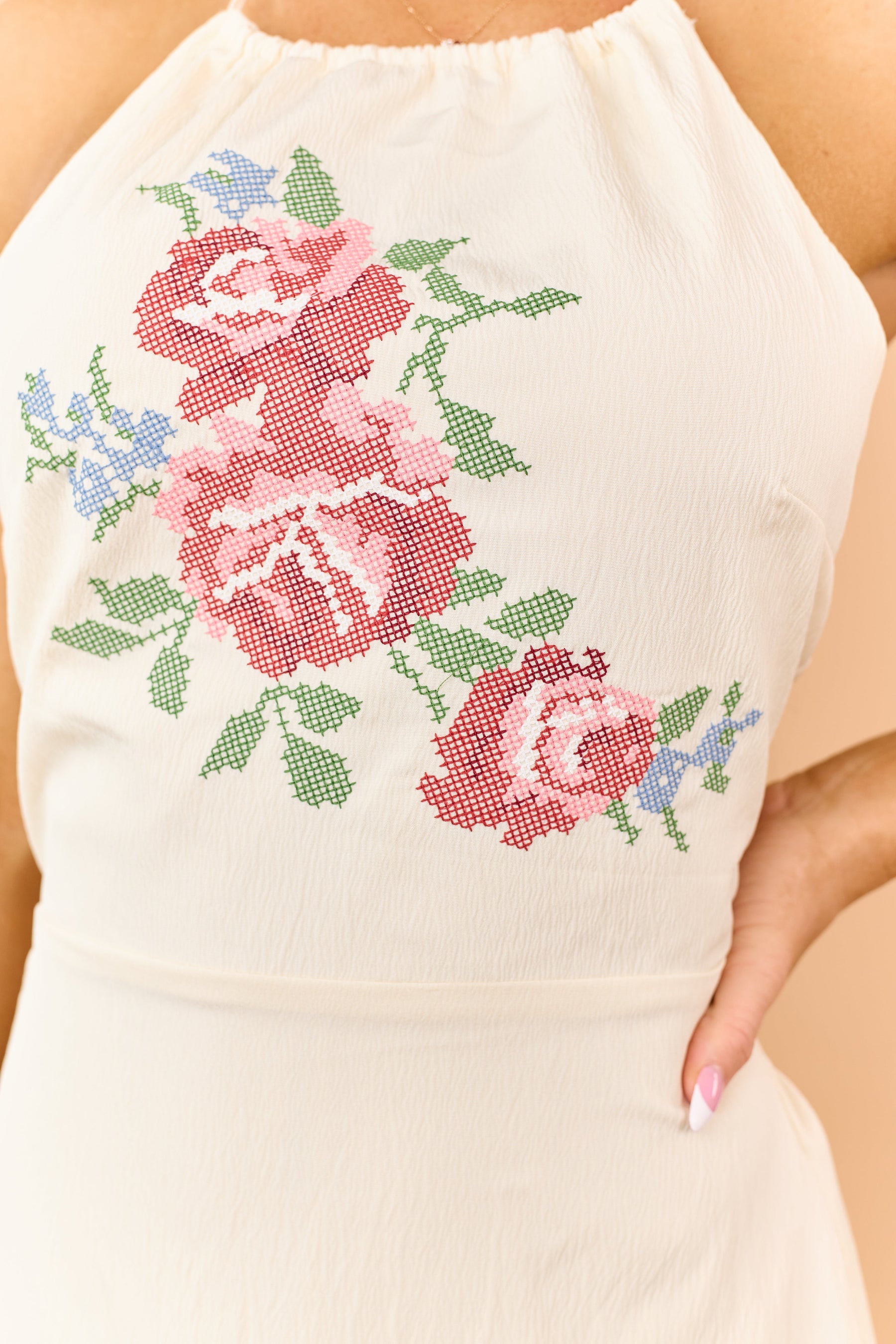 Cream Cross Stitch Floral Halter Neck Mini Dress