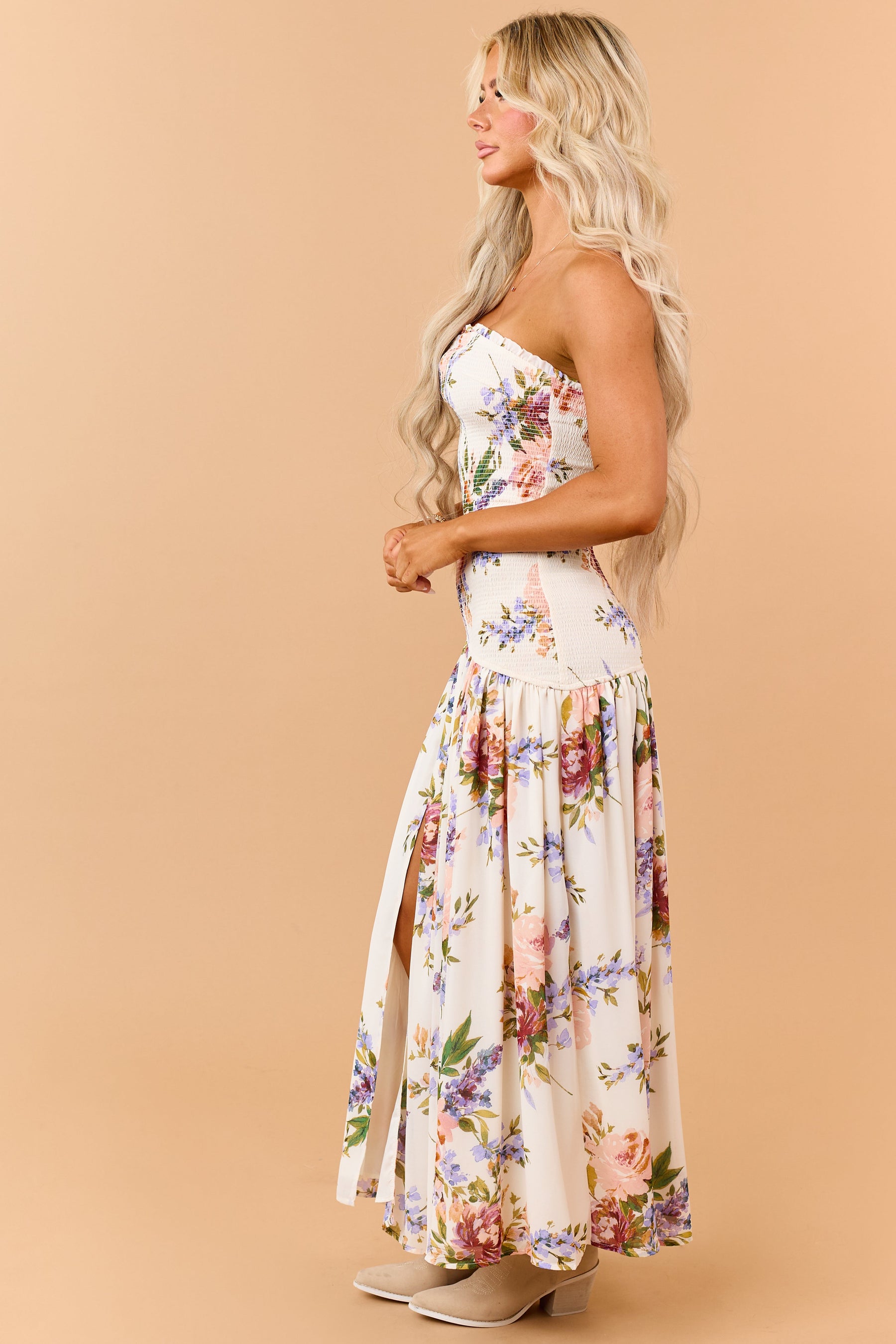 Cream Floral Print Smocked Strapless Maxi Dress