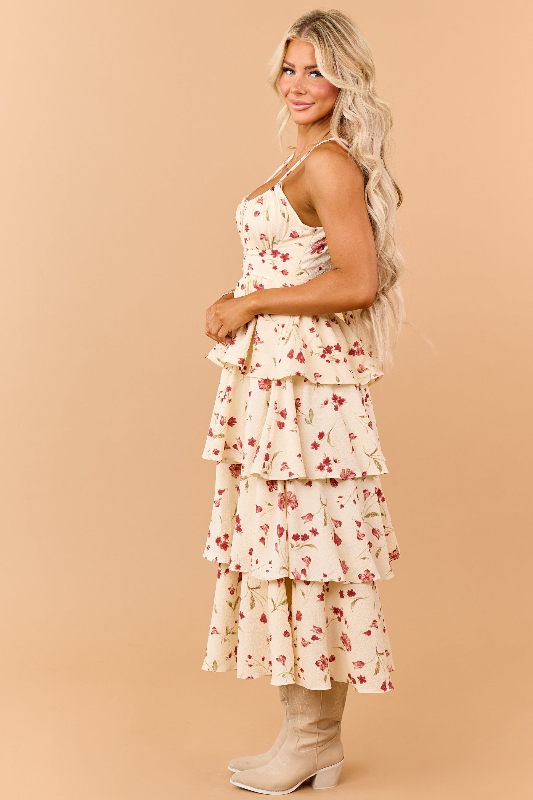 Cream Floral Print Tiered Ruffle Midi Dress