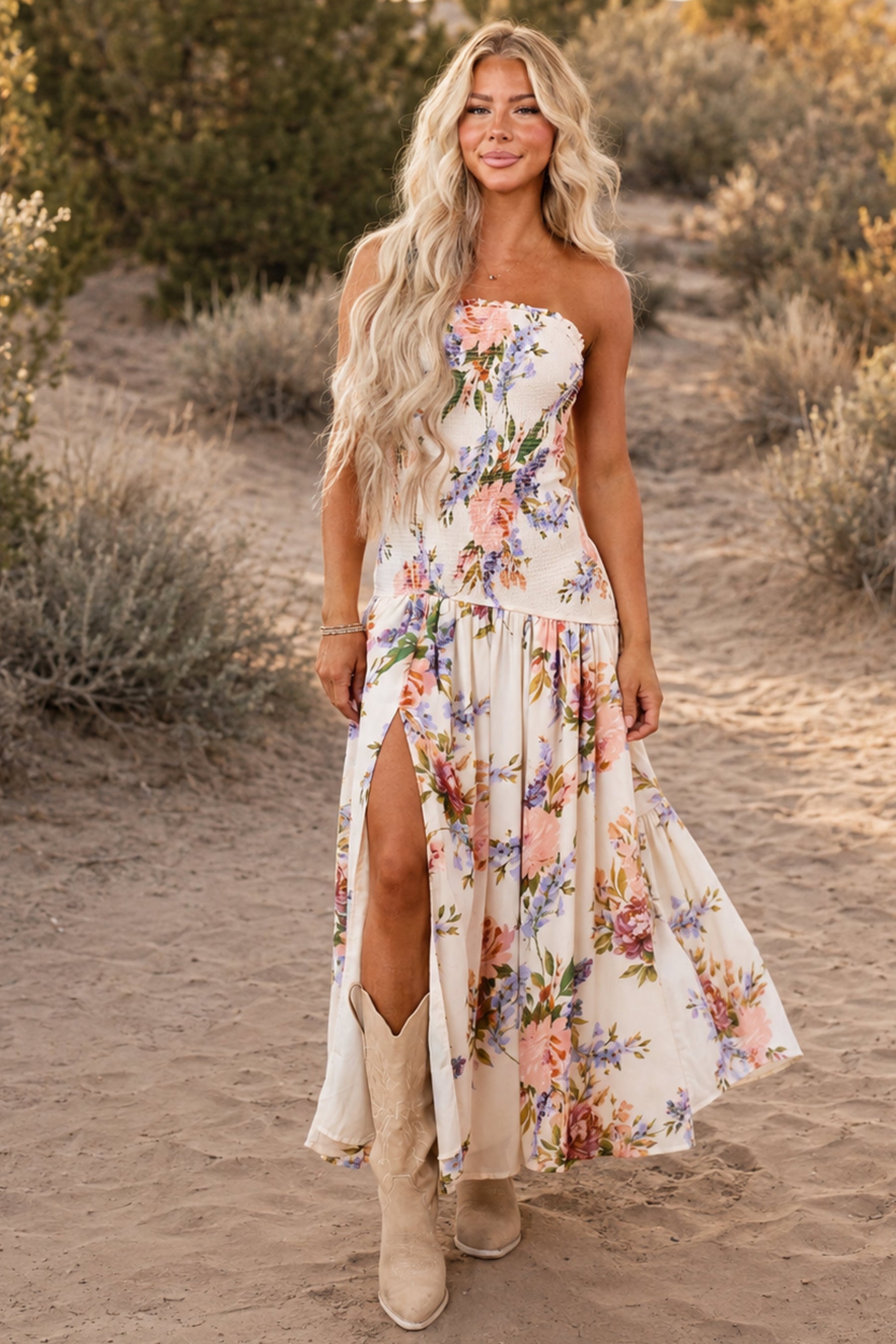 Cream Floral Print Smocked Strapless Maxi Dress