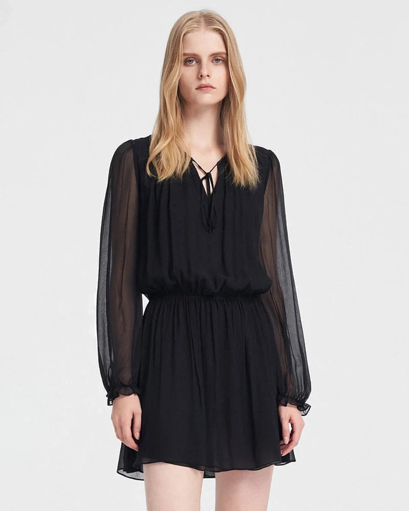 Sheer Sleeve Silk Tie Neck Mini Dress