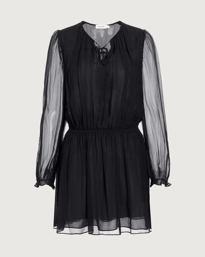 Sheer Sleeve Silk Tie Neck Mini Dress