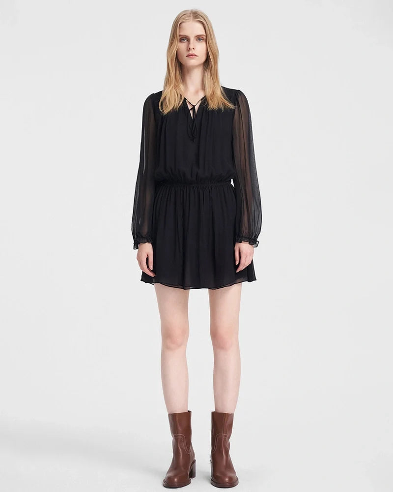 Sheer Sleeve Silk Tie Neck Mini Dress