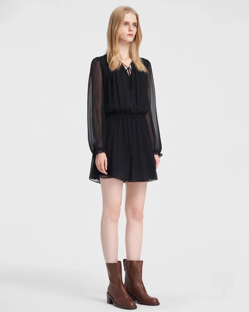 Sheer Sleeve Silk Tie Neck Mini Dress
