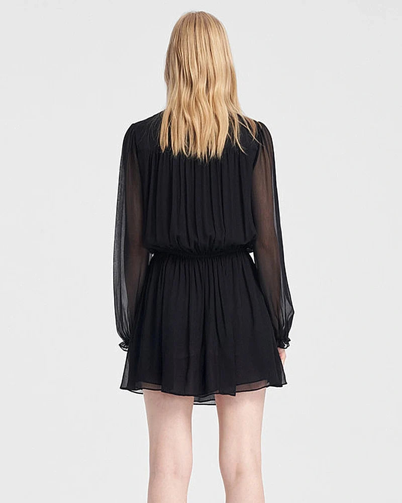 Sheer Sleeve Silk Tie Neck Mini Dress